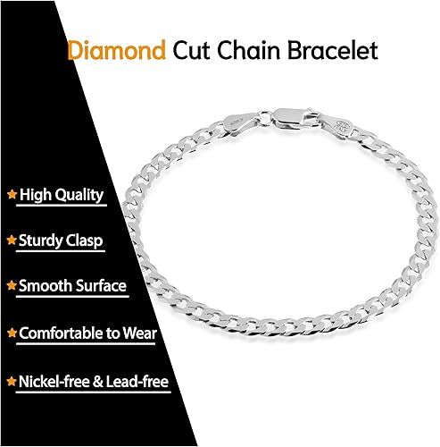 Miniatura 7 de QUADRI Pulsera de cadena de eslabones cubanos para hombres y mujeres, 0.197 in o 0.276 in, plata de ley 925, fabricada en Italia, 7-9 pulgadas