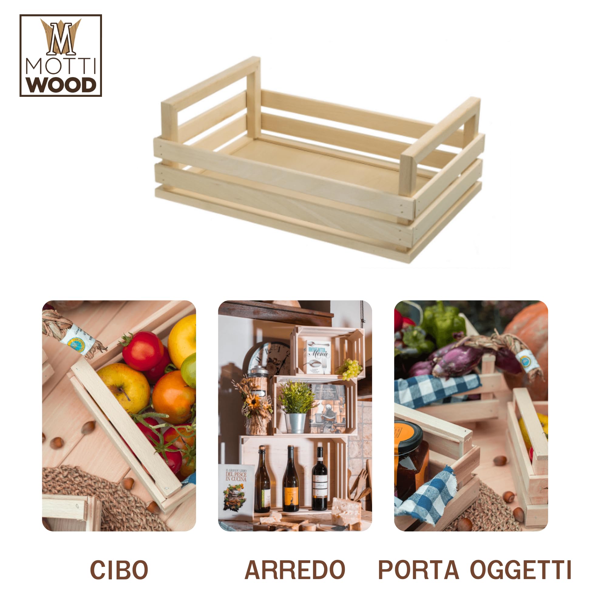 Set 5 Cassette in Legno Multiuso, 40X27×11.5h cm, 100% Faggio, Colore Naturale