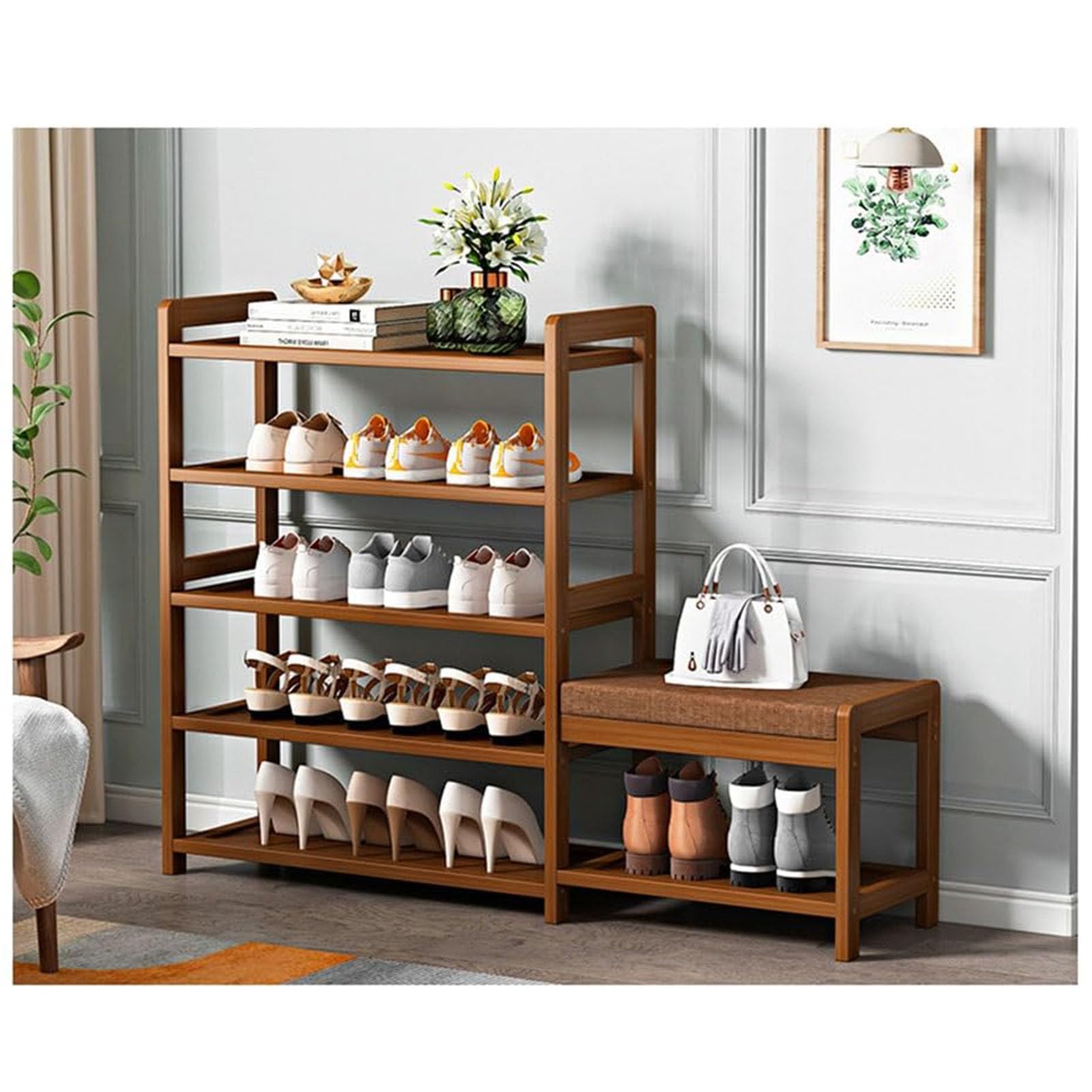 MYUYEE 4-6Tier Shoe Rack Bench With Seat Entryway Shoe Storage Orga Wooden Shoe Shelf Space-Saving Easy To Assemble For Hallway Doorway Bedroom(105X25X84Cm)
