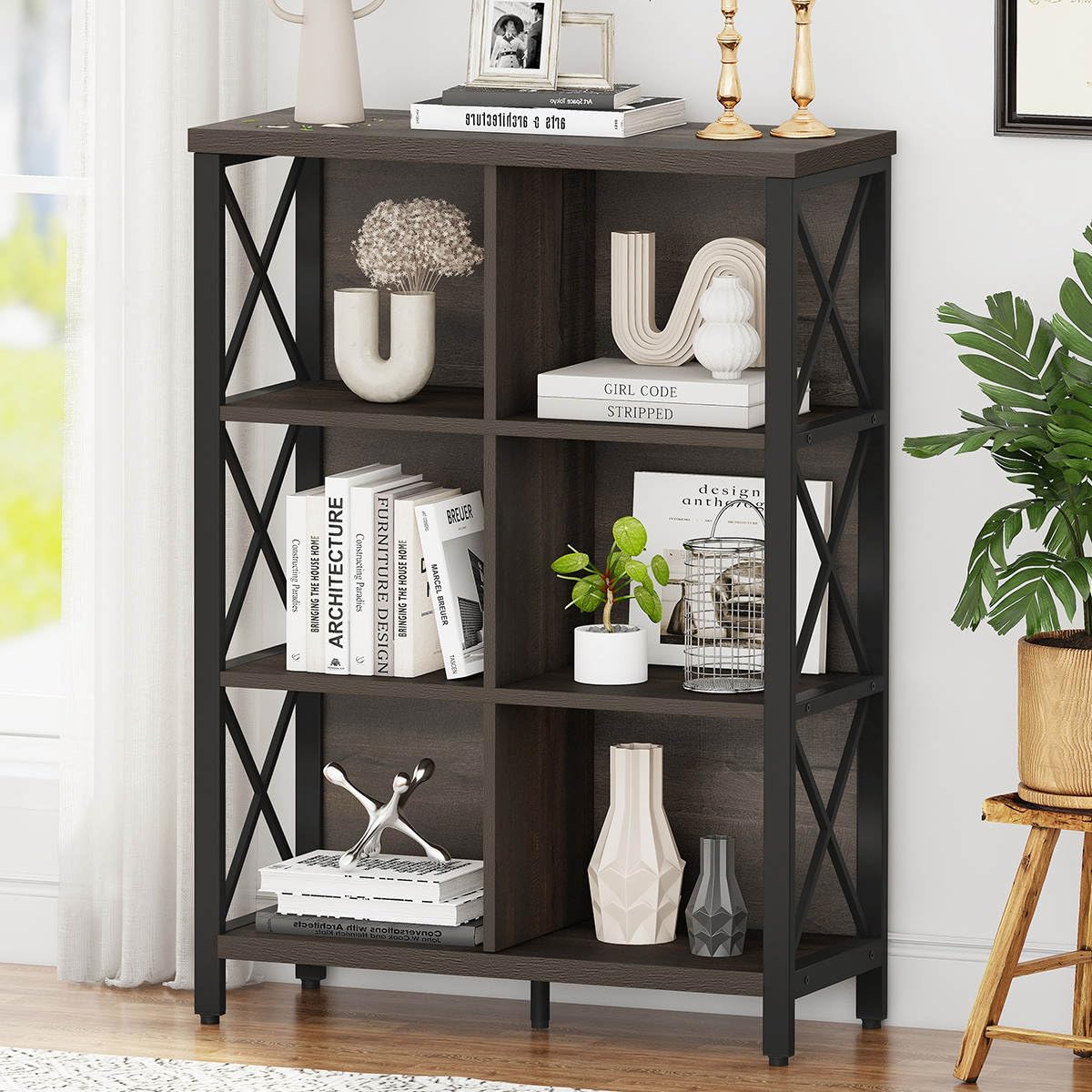FATORRI6 Cube Storage Organizer Shelf, Rustic Wood and Metal Cubby Bookcase, Industrial 4 Tier Cube Bookshelf (Walnut Brown)The Forest Stewardship Council