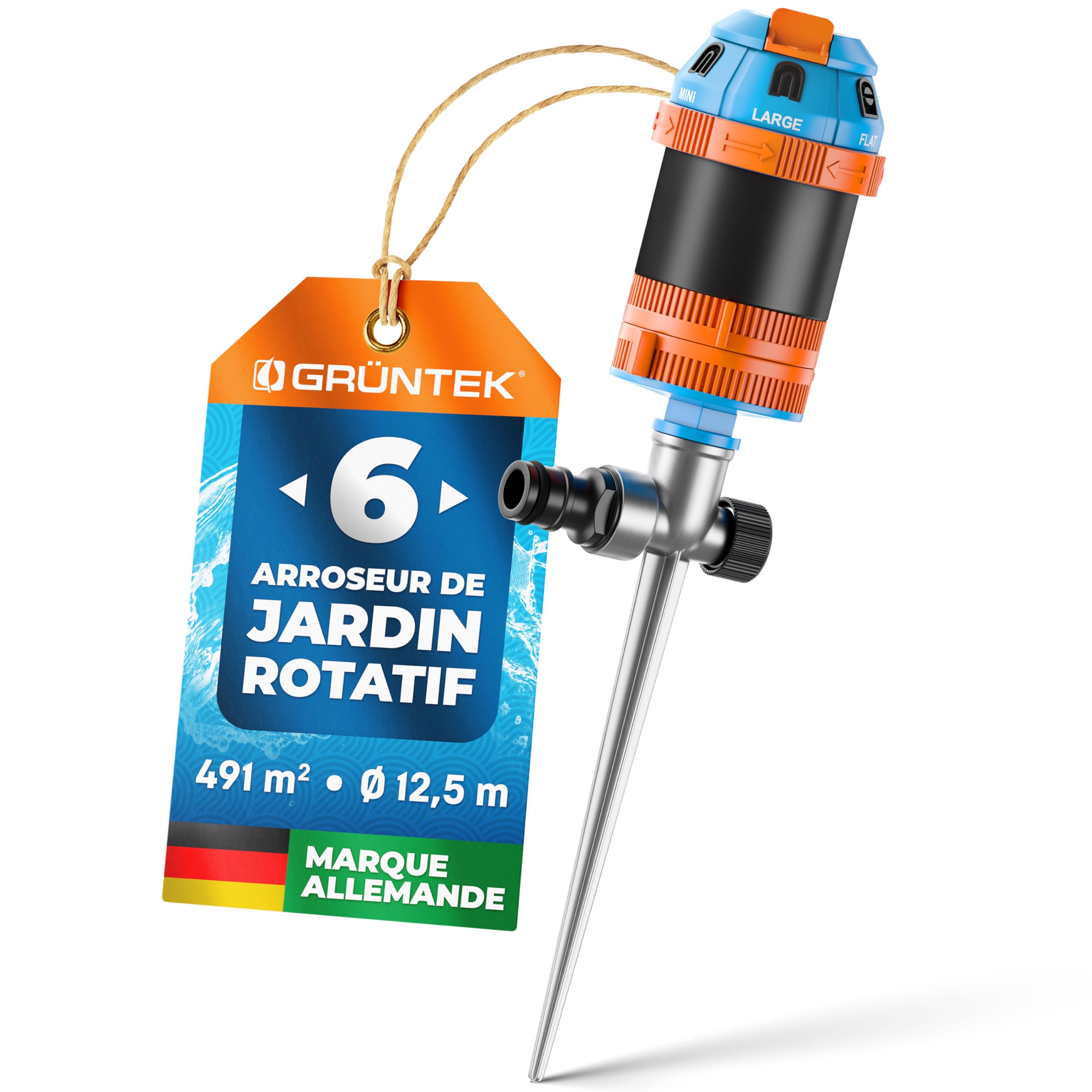 GRÜNTEK Arroseur de Jardin à Sécteur. Asperseur Arrosage Rotatif 360° Asperseur Automatique sur Pied Turbine Arrosage à Secteur Jardin Gazon Pelouse