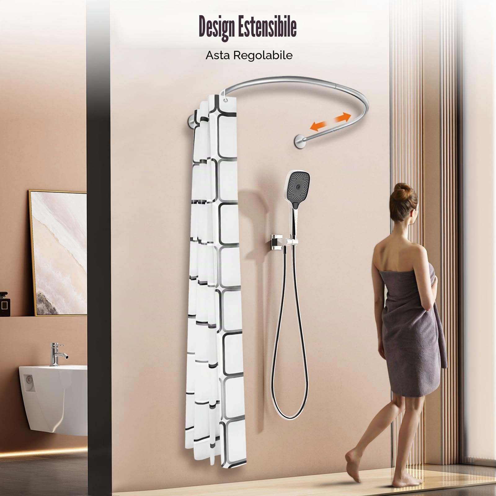 Bastone per Doccia a Forma di U - Barra Doccia Curva in Acciaio Inox - Estensibile - Rack per Tenda Doccia Curva Angolo - Senza Perforazione