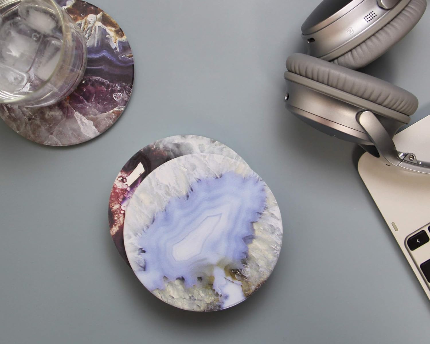 ENKORE Drink Coasters Set of 6 Agate Geode Pattern Absorbent Ceramics - 4.3 inch X Large with Cork Back Pad, Furniture Protection for Any table type, Wood, granite, Glass, Marble tabletop - NO holder
