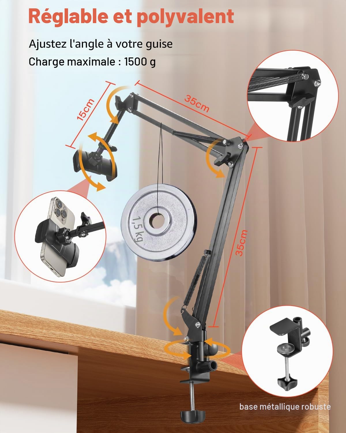 Support de téléphone portable pour lit Bras long flexible pour iPhone 15, 14, Pro Max, SE, 13, 12, 11, X, XS, 8, 7, Galaxy S23, S22, et smartphones de 4 à 7