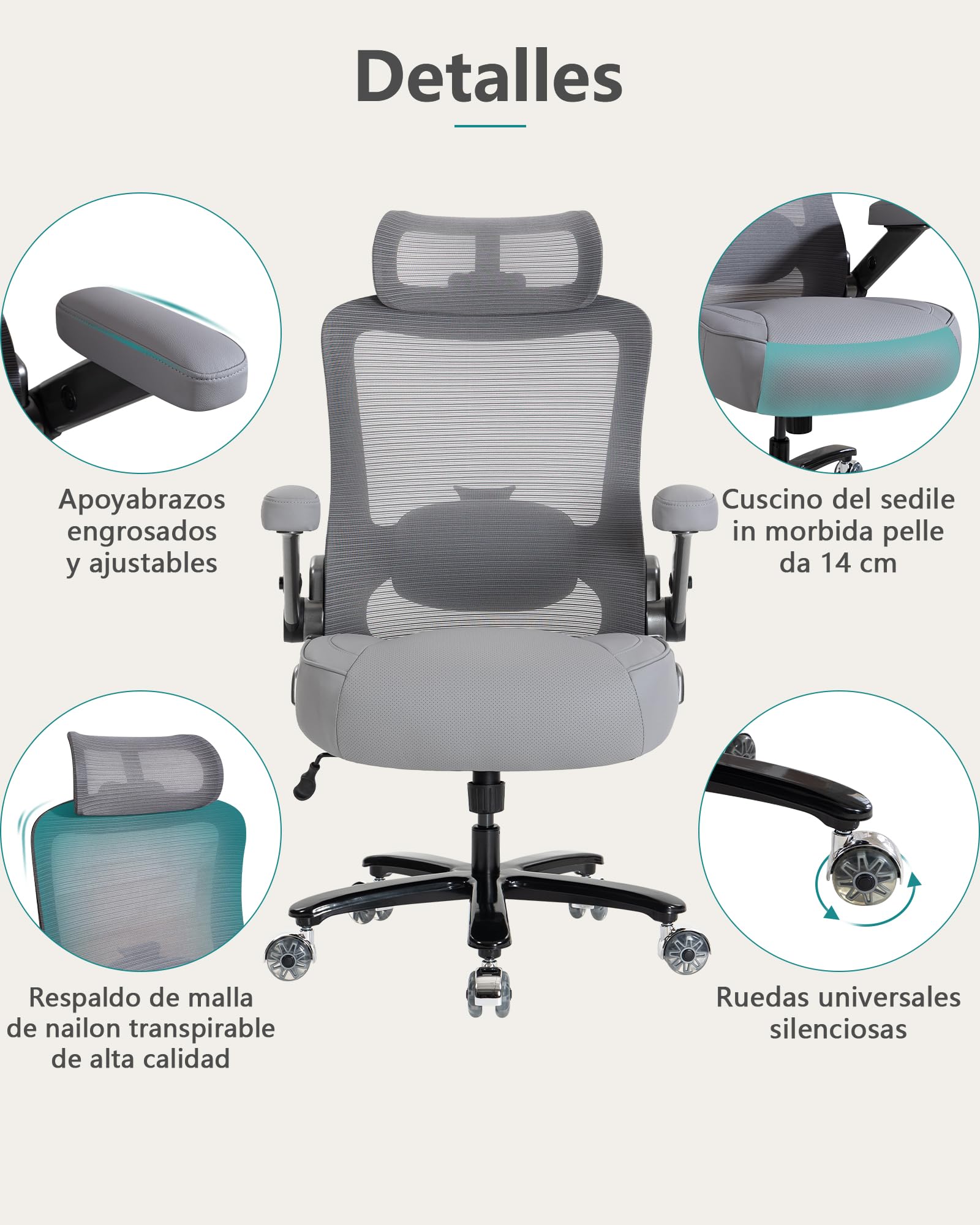 Silla Escritorio con Soporte Lumbar Ajustable y Reposacabezas, Capacidad de Carga de 350 kg, Respaldo de Malla con Función de Inclinación, Reposabrazos Abatibles, Silla Oficina Ergonomica (Gris)