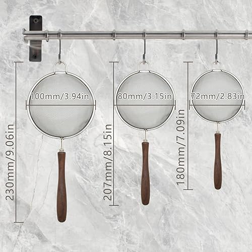 Miniatura 4 de Juego de 3 coladores de malla para cocina, colador de acero inoxidable 304 con mango de madera, tamices para alimentos, té, arroz, aceite, fideos,