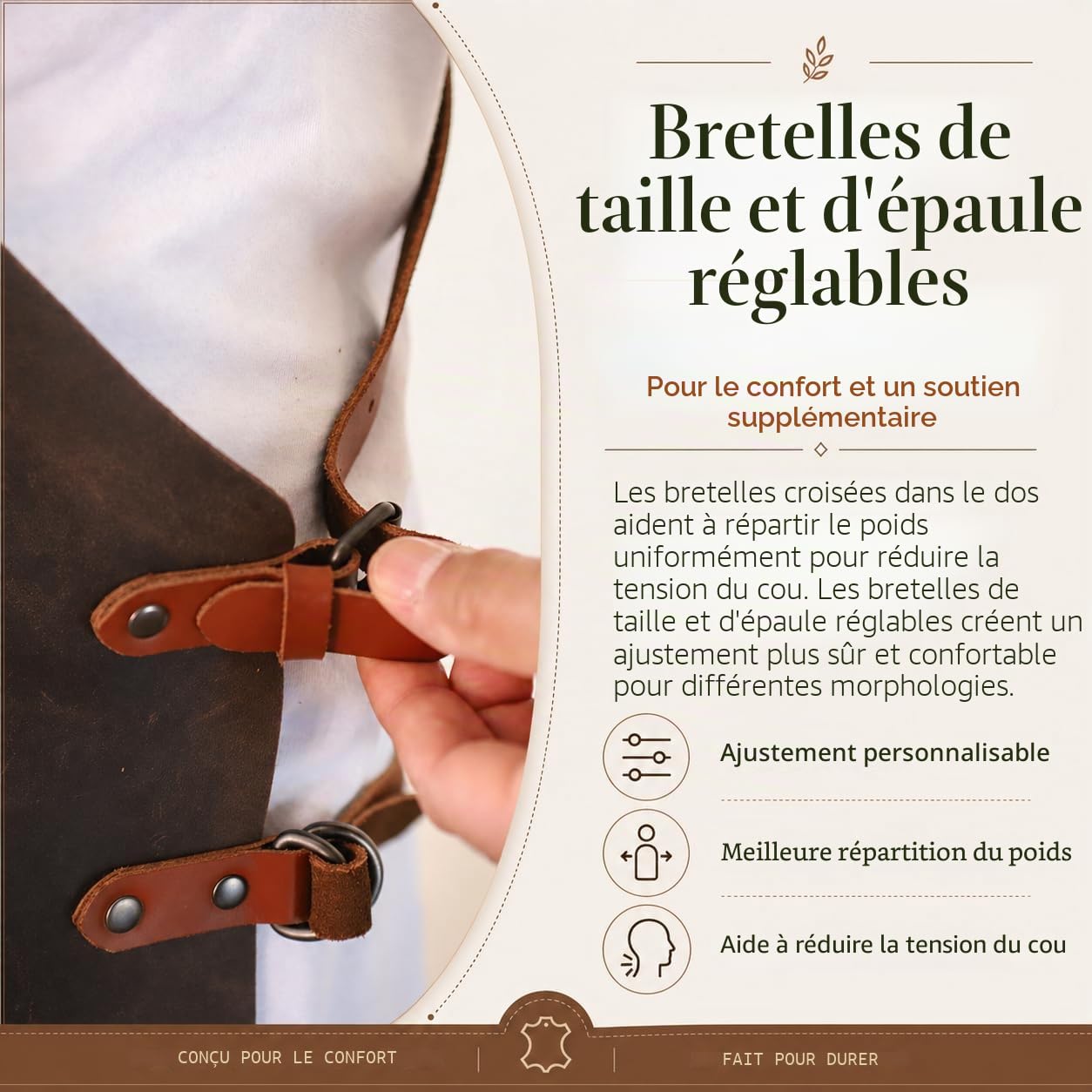 Theodore Tablier en Cuir avec Design Croisé - Confortable, 3 Poches, Sangles Réglables - Idéal Travail du Bois, Barbecue, Unisexe