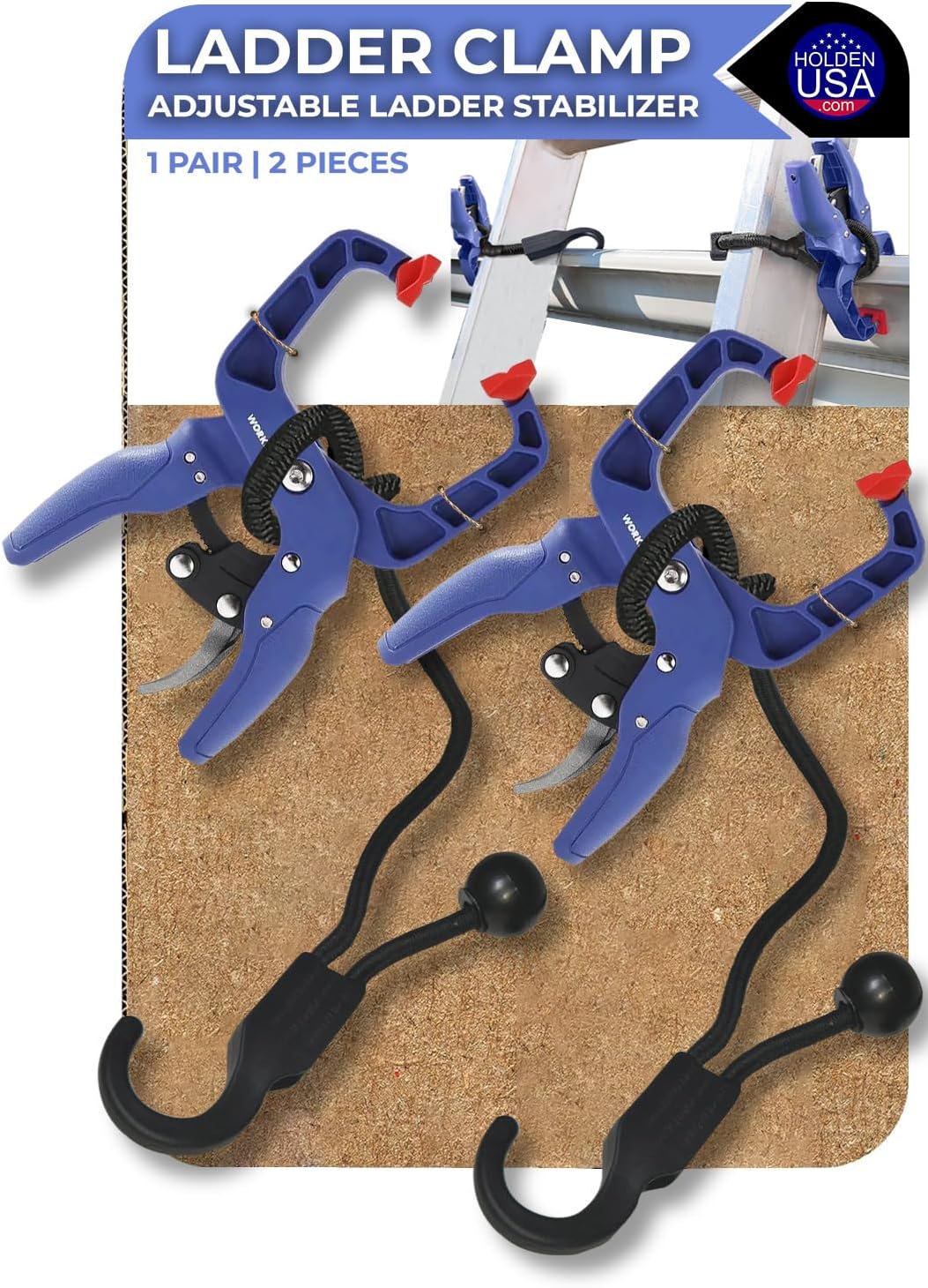 Holden USA - Ladder Clamp Stabilizer Clip – Secure Safety Clamp for Roof, Gutters, and Wall Prep – Durable Support Cord for Roofing and Gutter Tasks (Pair / 2 Units)