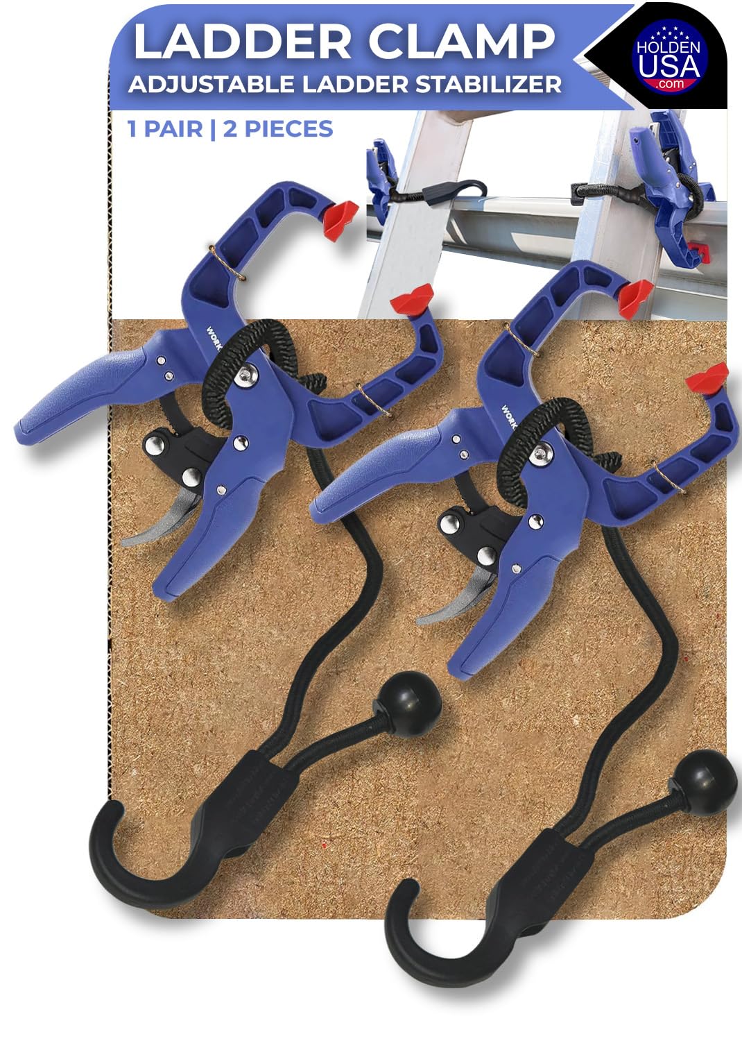 Holden USA - Ladder Clamp Stabilizer Clip – Secure Safety Clamp for Roof, Gutters, and Wall Prep – Durable Support Cord for Roofing and Gutter Tasks (Pair / 2 Units)