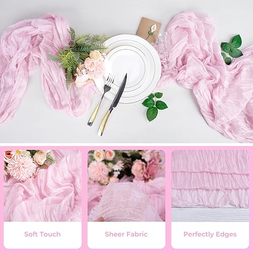 Miniatura 7 de Babenest Camino de mesa de tela de queso rosa rubor de 13.3 pies, paquete de 2 caminos de mesa de gasa bohemia para despedida de soltera, baby