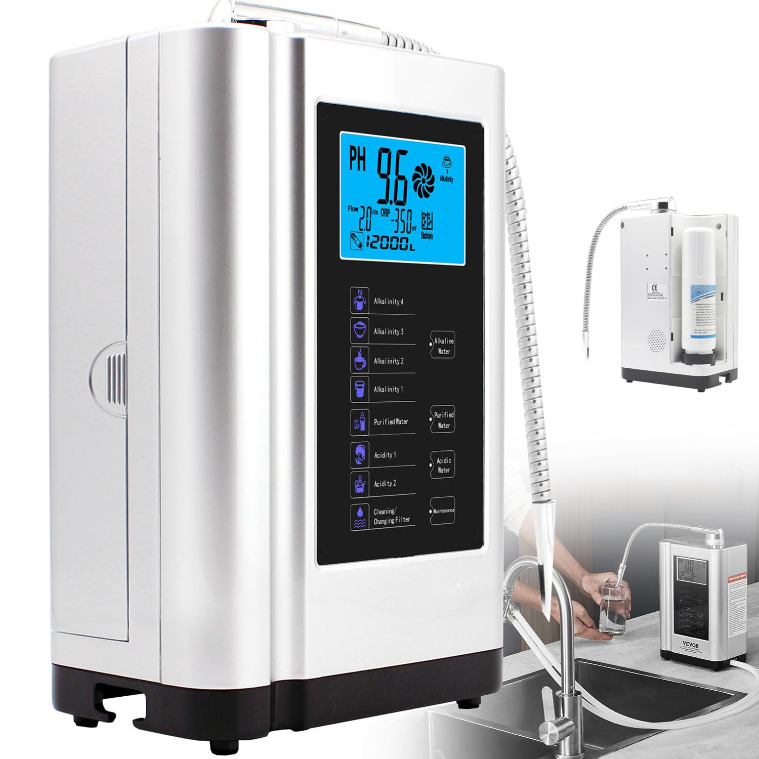 Ionizzatore d'Acqua alcalina PH3.5-10.5 Generatore di idrogeno Purificatore Macchina LCD da 3,8 Pollici Filtro per Acqua Potabile acida alcalina Domestica, con 8000 Litri per Filtro,White