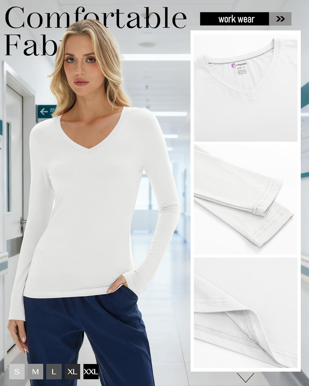 5 Pack Women's Long Sleeve Under Scrubs V Neck Fitted Undershirts Basic Layering Tops for Nurse - Image 4