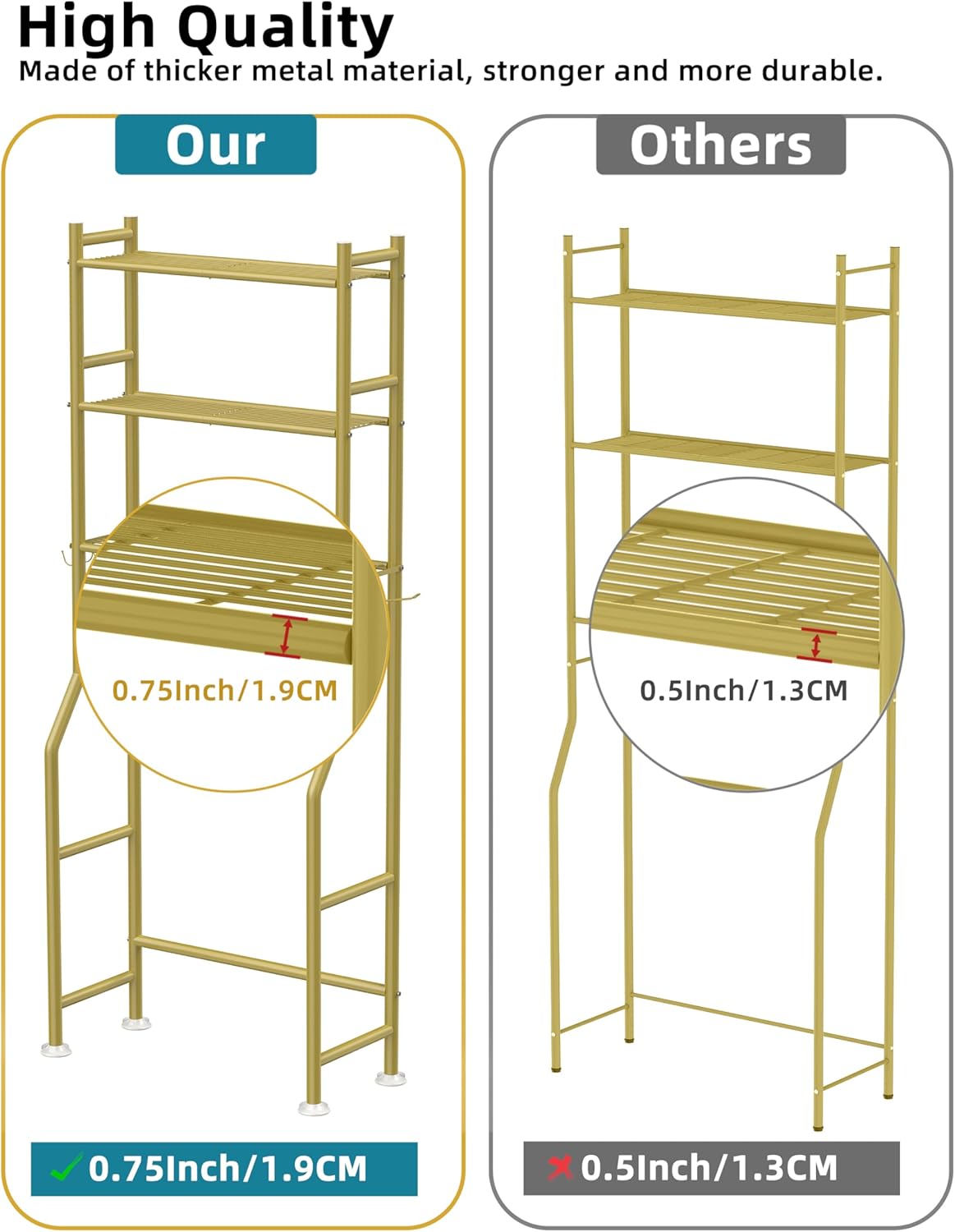 Livilord 3-Tier Over The Toilet Storage, Freestanding Metal Bathroom Shelves with 4 Hooks, Over Toilet Storage Shelf with Paper Holder, Above The Toilet Shelf for Bathroom Storage, Gold
