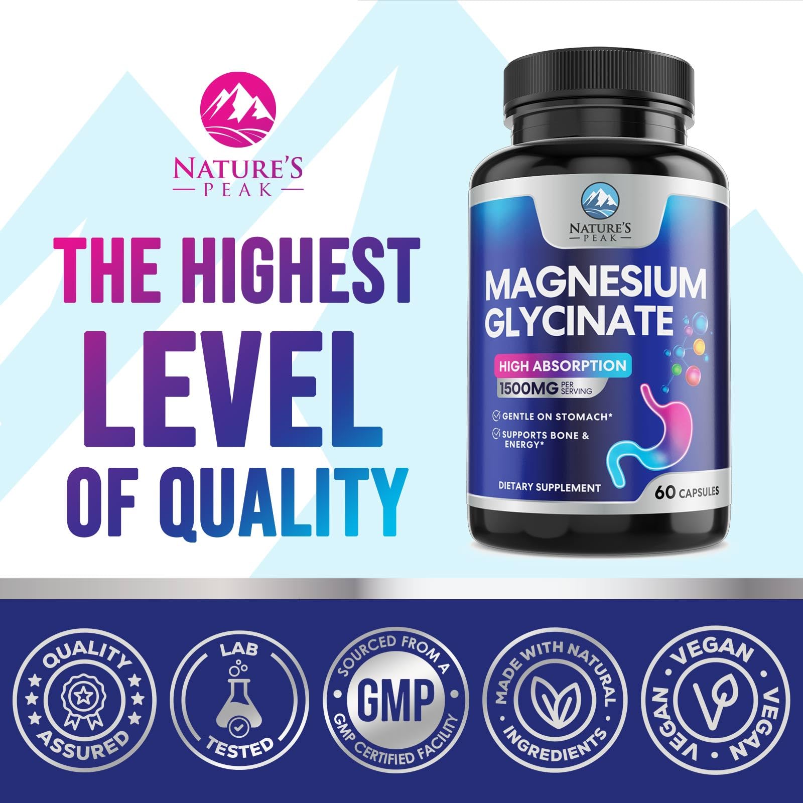 Magnesium Glycinate Supplement - 100% Chelated & Purified - for Calm, Sleep Support, Heart Health, Muscles & Bone Strength - Best Absorption Magnesium Glycinate Capsules, Bottled in USA - 60 Tablets — Amazon image 4