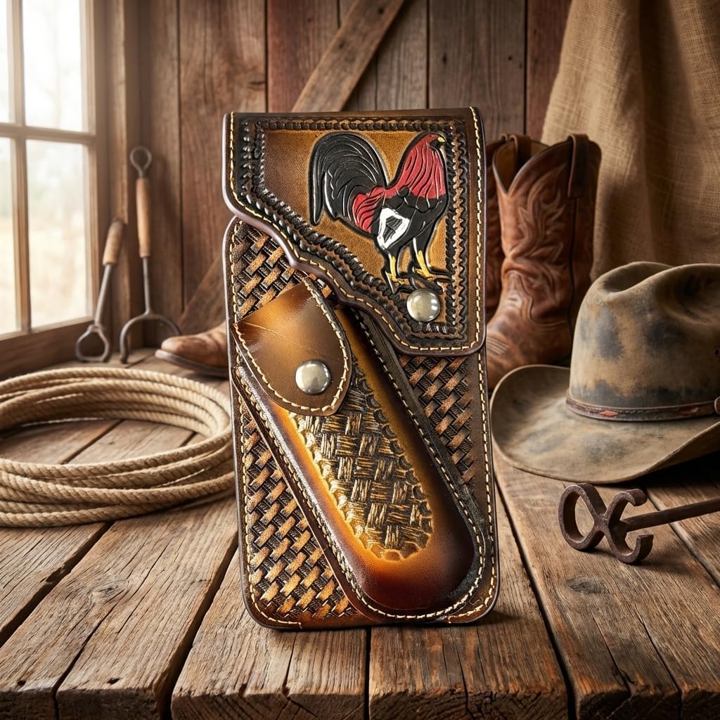 Western Phone Holster with Knife Pouch, Engraved Rooster Basketweave Belt Clip Case for Men (Brown)