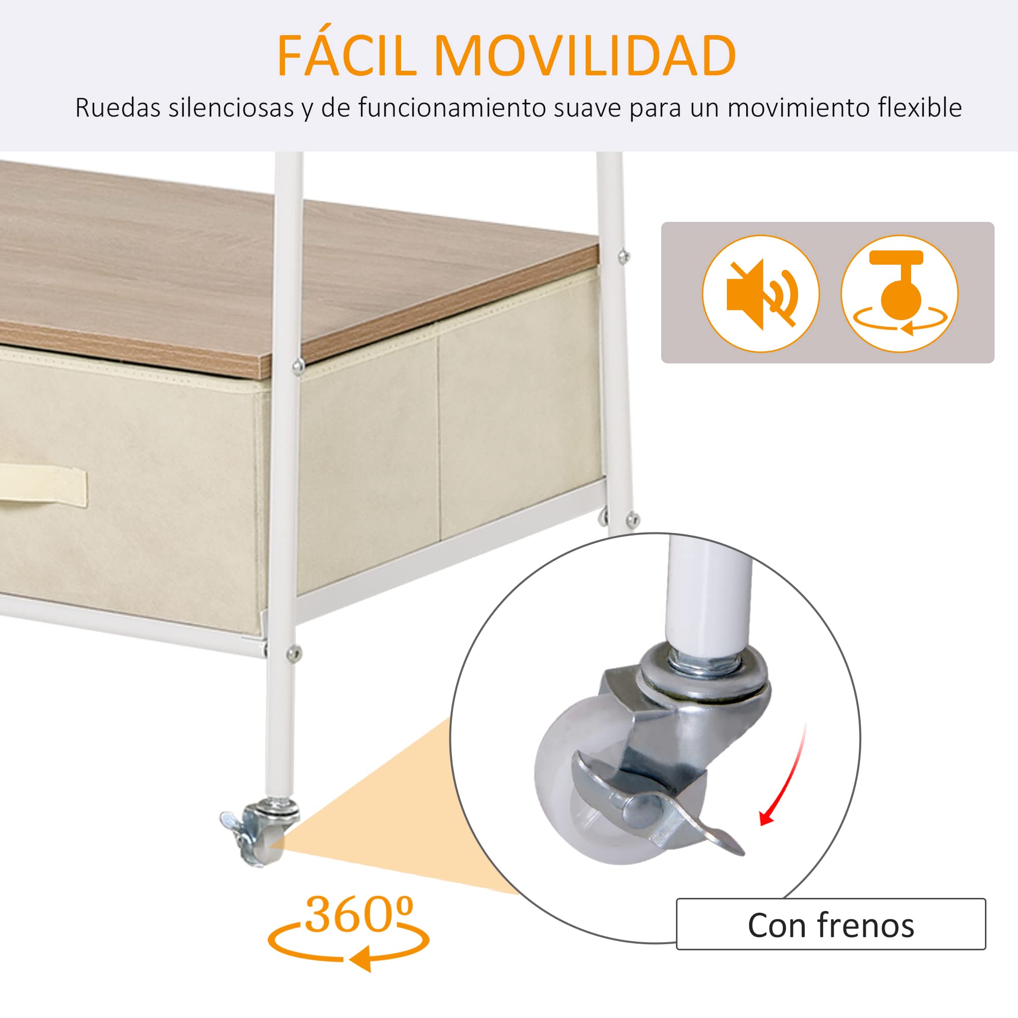 HOMCOM Perchero Metálico con Ruedas para Ropa con Riel Cajones 99x47x185cm | Colgador para Ropa, Estantes, Organizar Bolsos Zapatos, Hogar Vestidor Pasillo