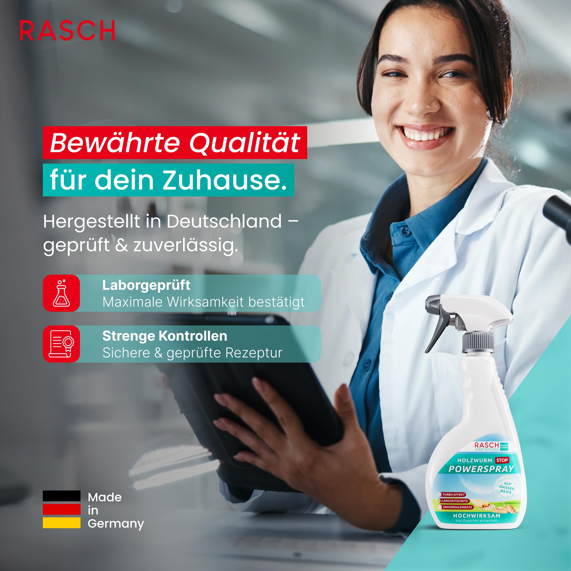 Rasch® Home Defender Holzwurmspray [500ML] - Anti Holzwurm Spray - Mittel für Holzwurmtod - Holzwurmmittel - Holzschutzspray gegen Holzwürmer - Holzschutzmittel Sprayflasche gegen Holzwurmbefall