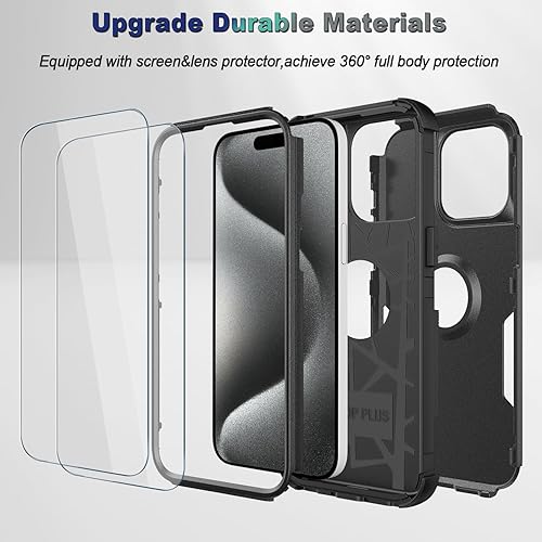 Miniatura 5 de Funda para iPhone 15 Pro, 2 protectores de pantalla de vidrio templado, a prueba de caídas militares de 10 pies, antideslizante, a prueba de golpes,