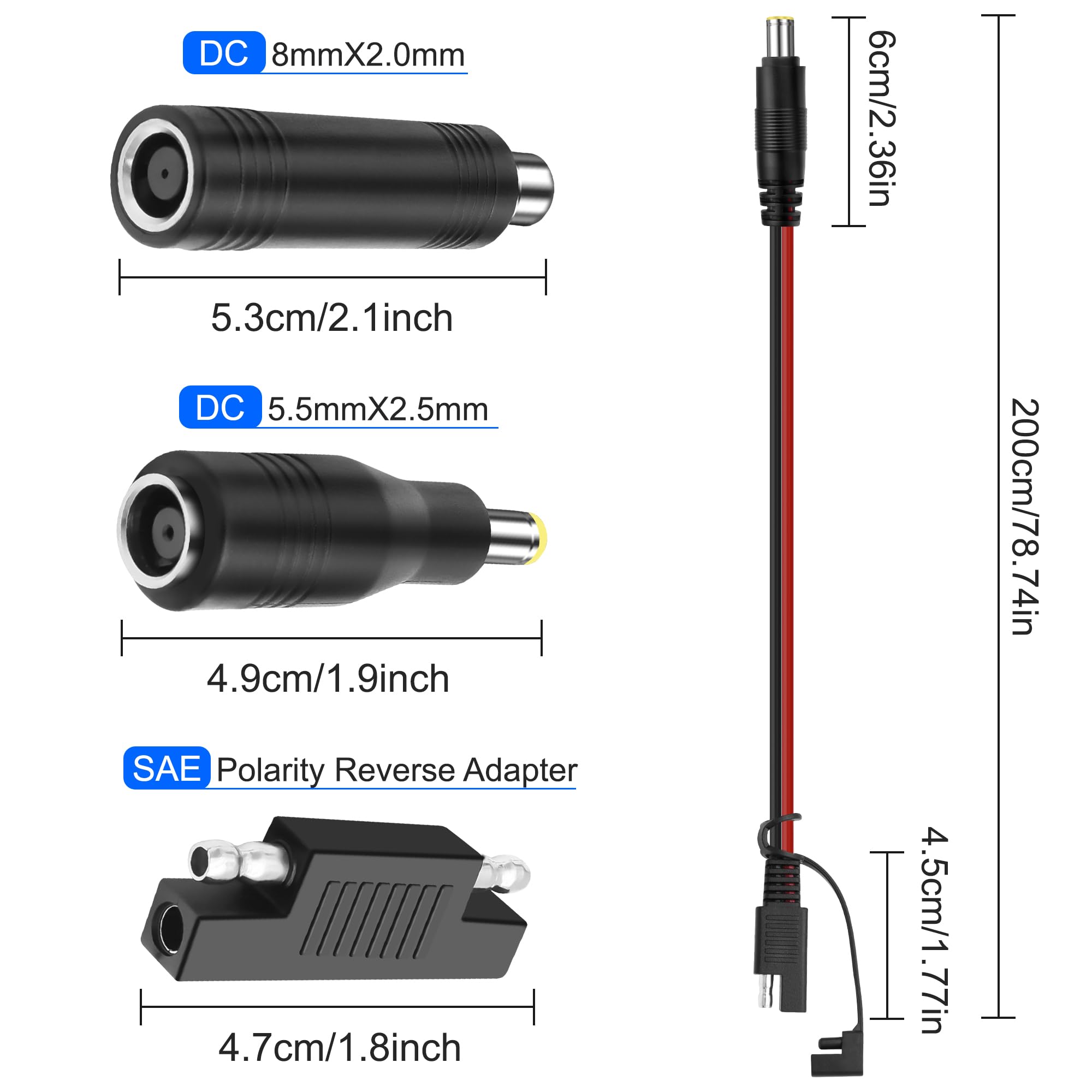 XMSJSIY 14AWG SAE na DC 7909 kabel przedłużający 8 mm z adapterem polaryzacyjnym SAE i konwerterem DC5525/8020, solarny kabel zasilający do panelu słonecznego samochodu, kampera, przenośna elektrownia
