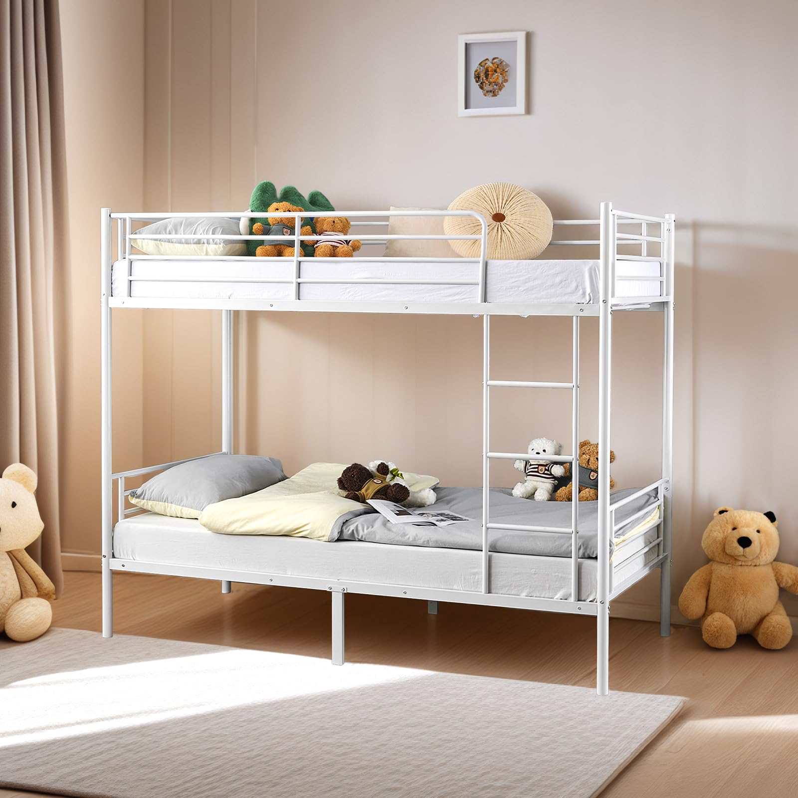 Bonnlo Metal Bunk Bed, Single over Single Loft Bed Frame with Ladder and Safety Guardrail, Bedroom Dorm Apartment Furniture Space-Saving Twin Over Twin Bunk Bed for Kids Teens Adults (White)