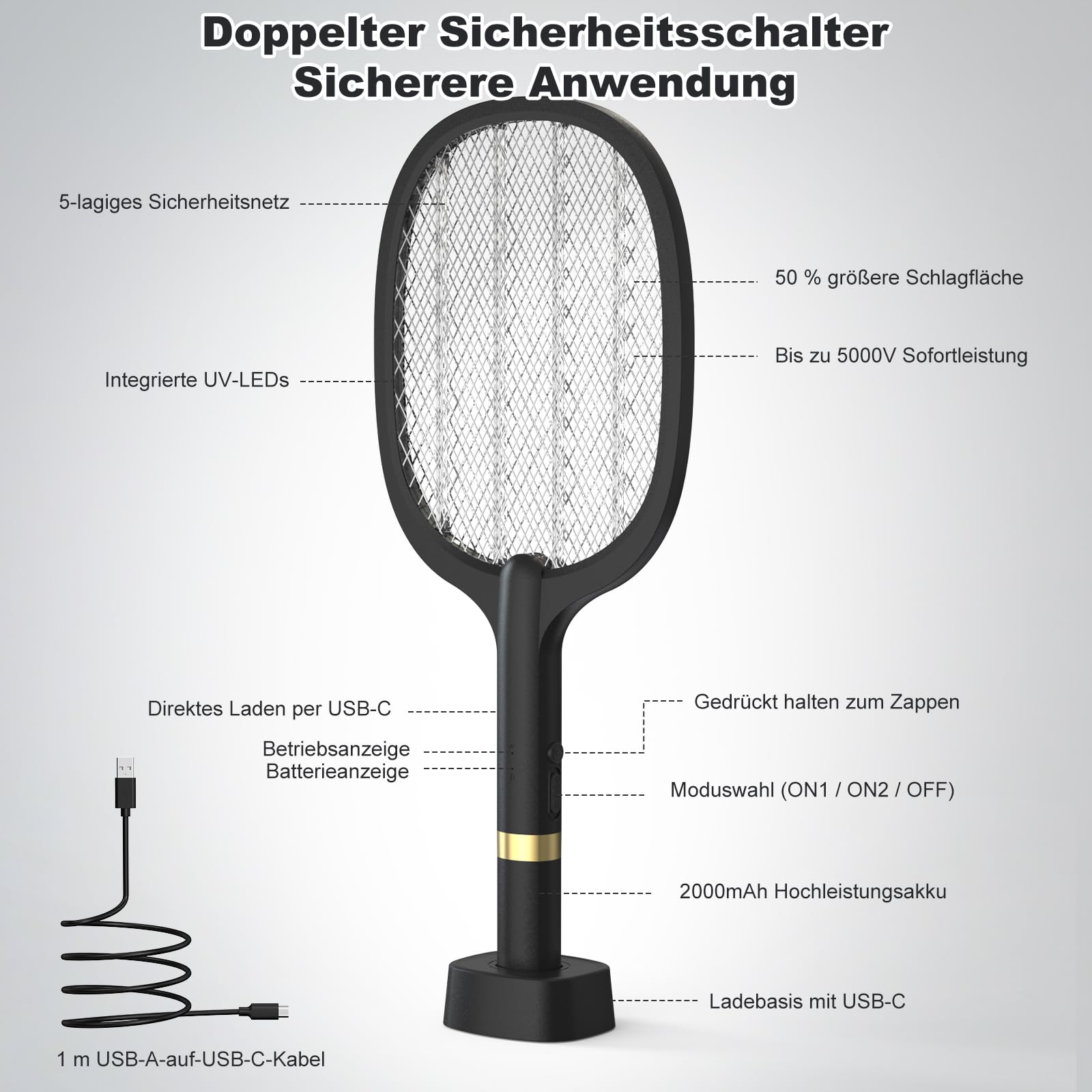 Scacciamosche elettrico, extra forte, con base di ricarica USB C, 2 in 1, per zanzare, mosche, api, tarme 2 CV, nero