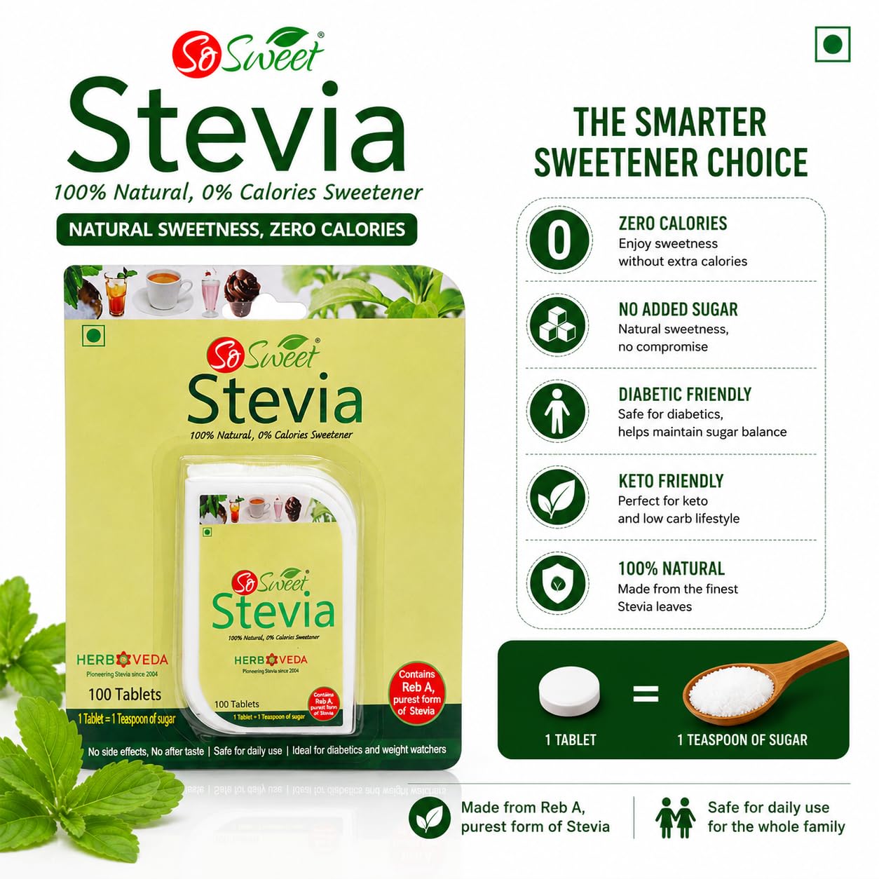 So Sweet Stevia Tablets Sugar Free Natural Zero Calorie Sweetener 100 Tablets 1
