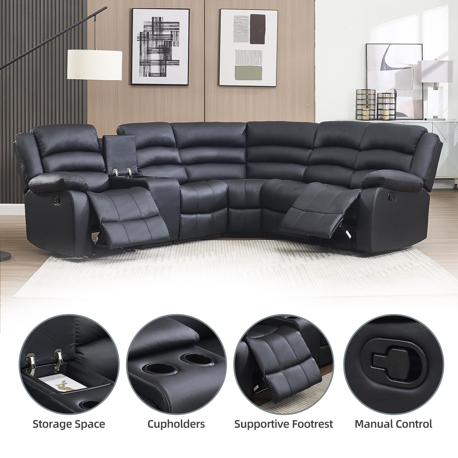 EBELLO Faux Leather L-Shaped Reclining Sectional Sofa Couch, Manual Recliner Sofa, with Cup Holders, Storage Space, a Convertible Backrest 5 Seats Home Furniture Set for Living Room, Black view 4