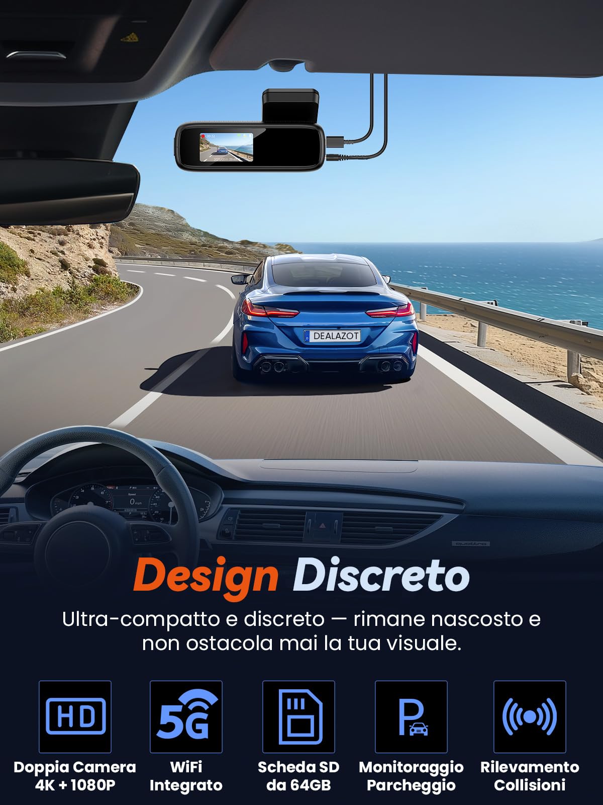 Dash Cam Auto 4K+1080P, Telecamera Anteriore e Posteriore, Dashcam Auto con SD 64GB, Wi-Fi 5GHz Controllo tramite App, Visione Notturna, Parcheggio 24H, Sensore G, 170° Grandangolo, WDR (X4)