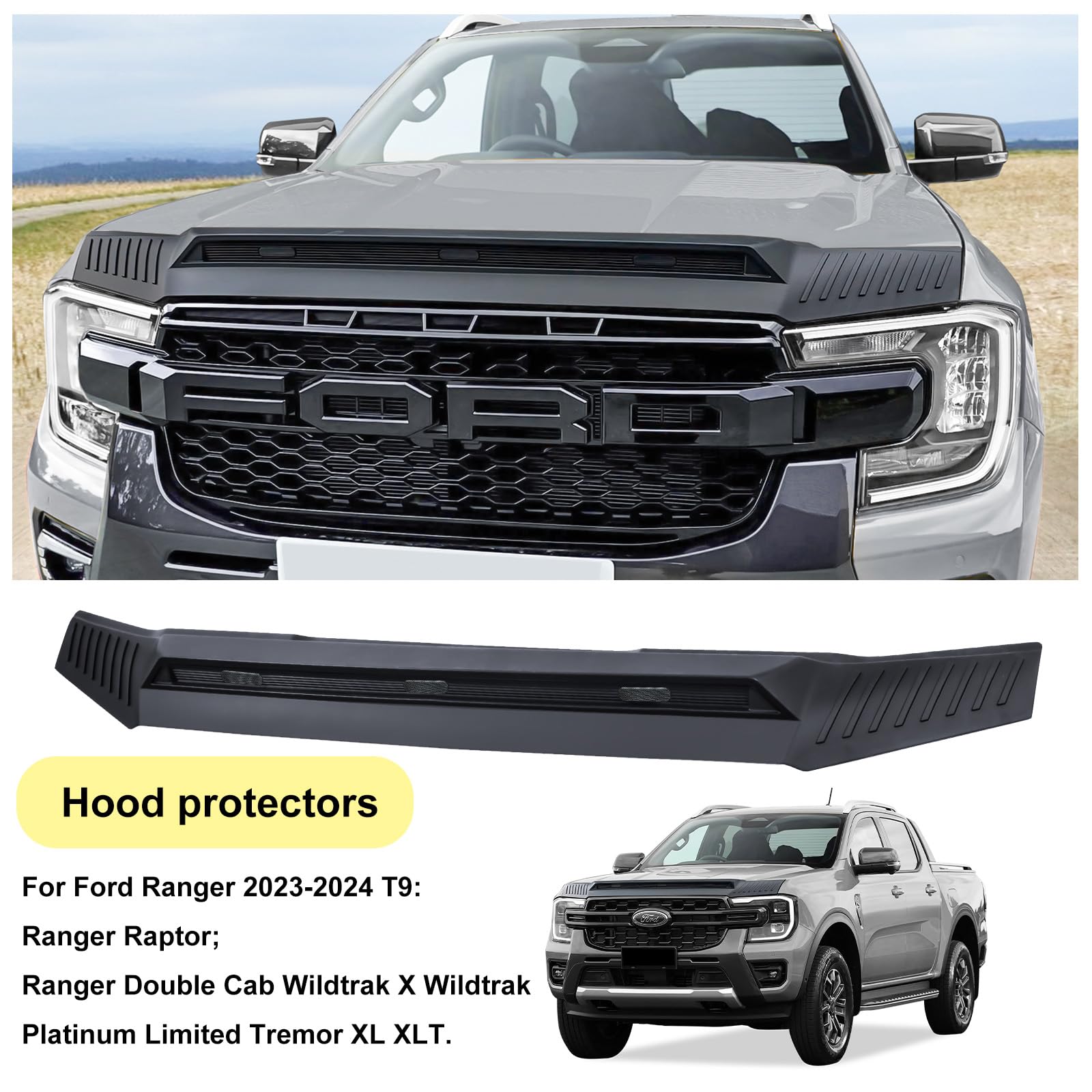Protezione per cofano in ABS per Ford Ranger 2023-2024-2025 T9 Raptor Wildtrak X Platinum Wildtrak Limited Protezione per cofano e insetti deflettore