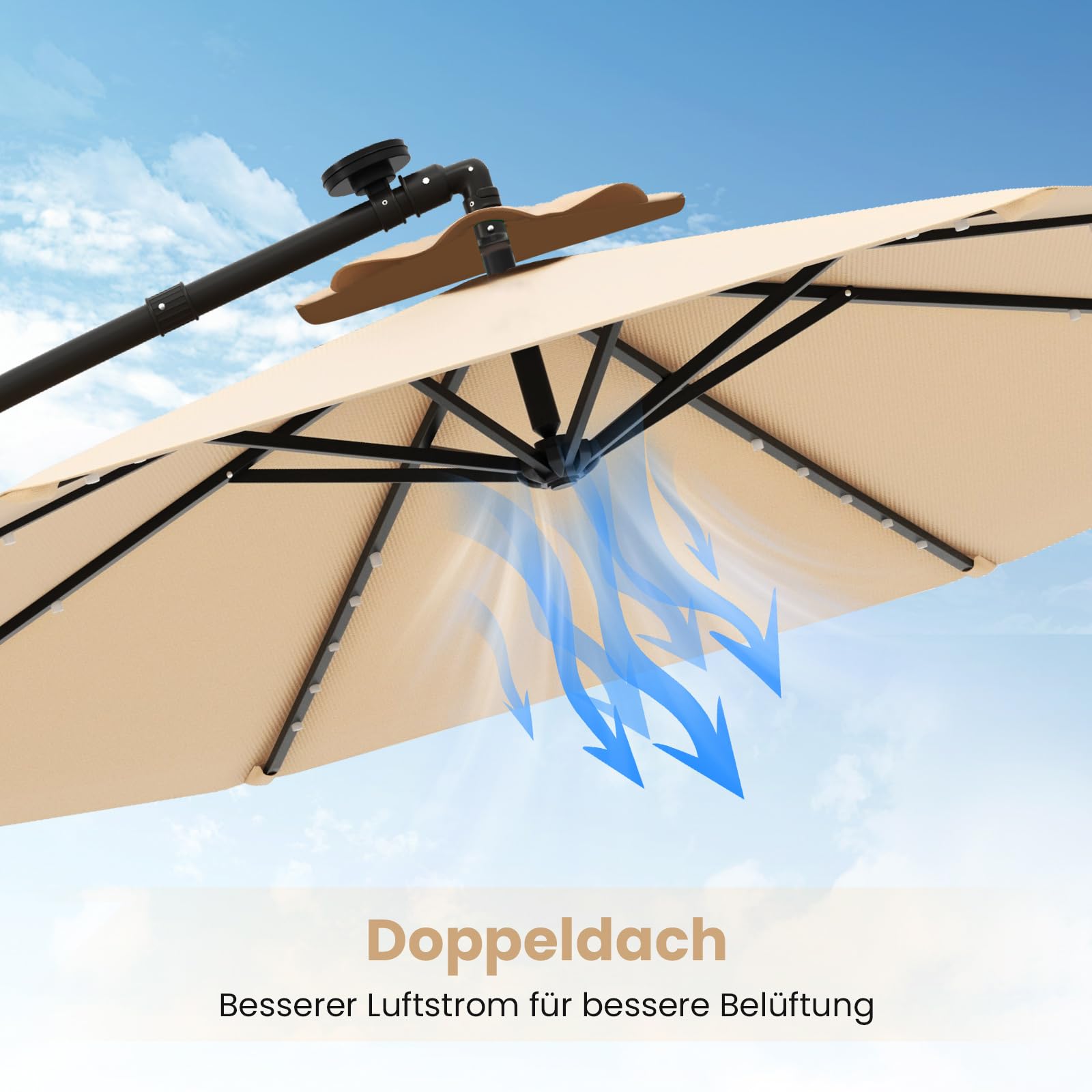 COSTWAY Parasol przeciwsłoneczny 350 cm ze stojakiem i diodami LED, parasol przeciwsłoneczny z korbą, parasol ogrodowy, ochrona przed promieniowaniem UV, parasol na taras, do ogrodu, na taras (beżowy)
