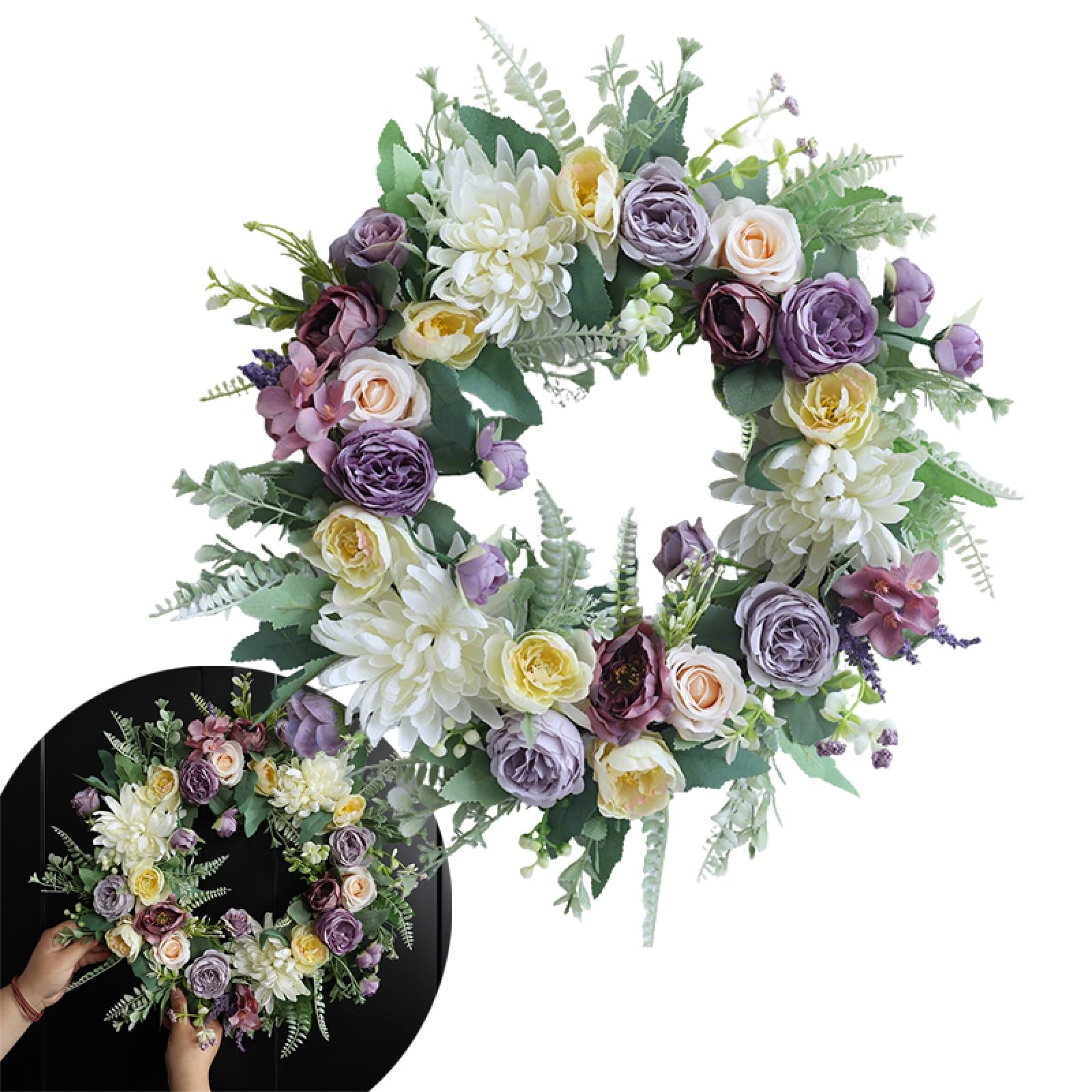 Wreath for Front Door, 45cm Purple White Artificial Peony Wreath, Vintage Lavender Floral, Farmhouse Indoor Outdoor Wall Window Home Decor (45cm,Purple)