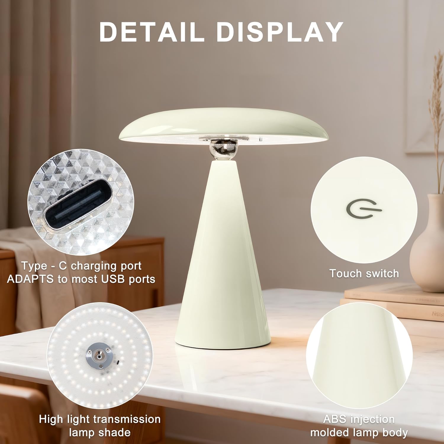 Mushroom Lamp Mid Century Modern Table Lamp, LED Cordless Rechargeable Bedside Light, Dimmable Touch 3-Color Temp, Retro Small Lamp for Bedroom, Living Room，Aesthetic Decor (Cream)