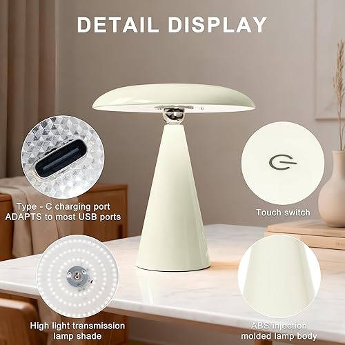 Miniatura 5 de Lámpara de mesa moderna de mediados de siglo, luz LED recargable inalámbrica, temperatura táctil regulable de 3 colores, lámpara pequeña retro para