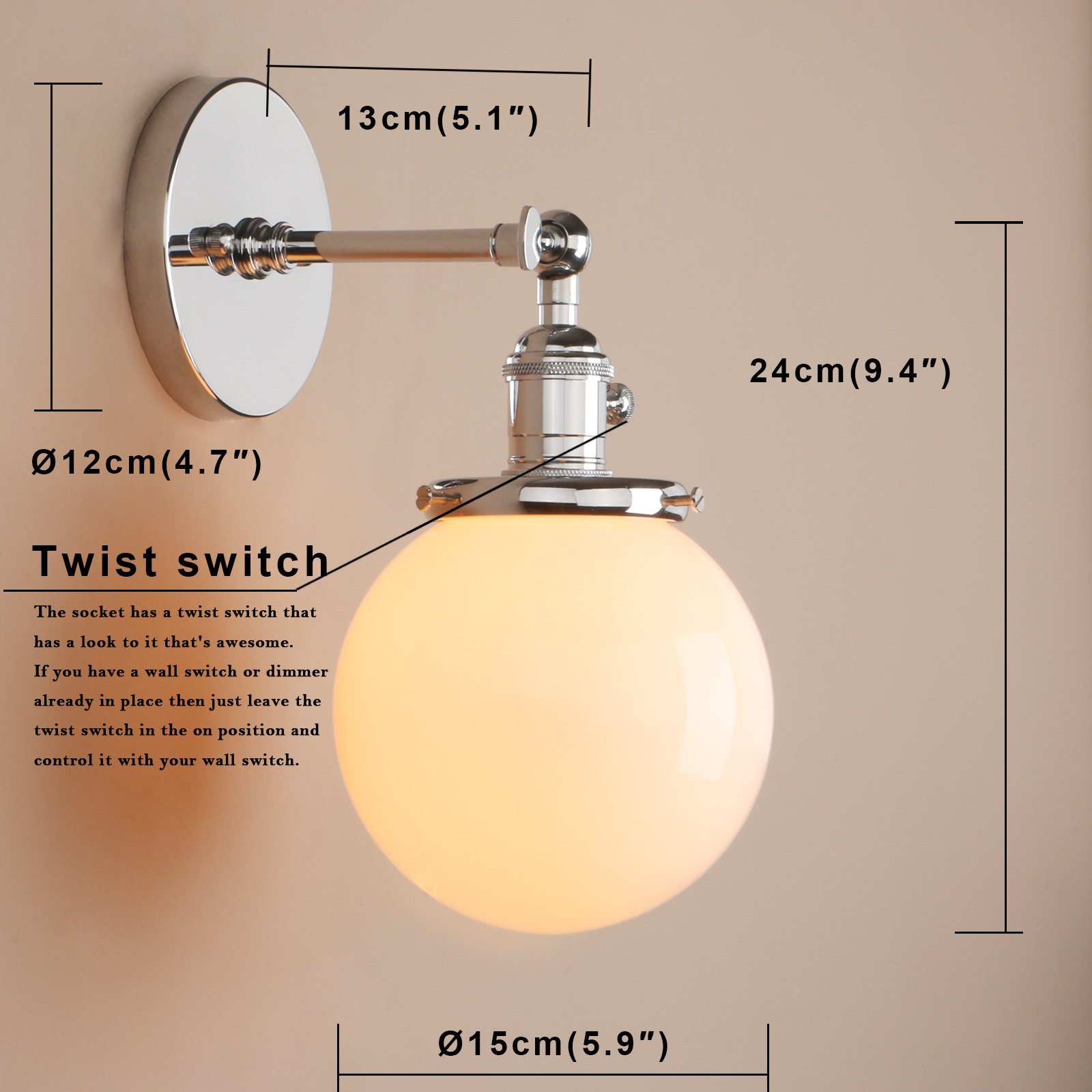 Pathson Réglable Applique Blanc de Lait Boule Verre Abat-jour Lampe Rétro Industrial Applique Murale Rétro Eclairage Chrome