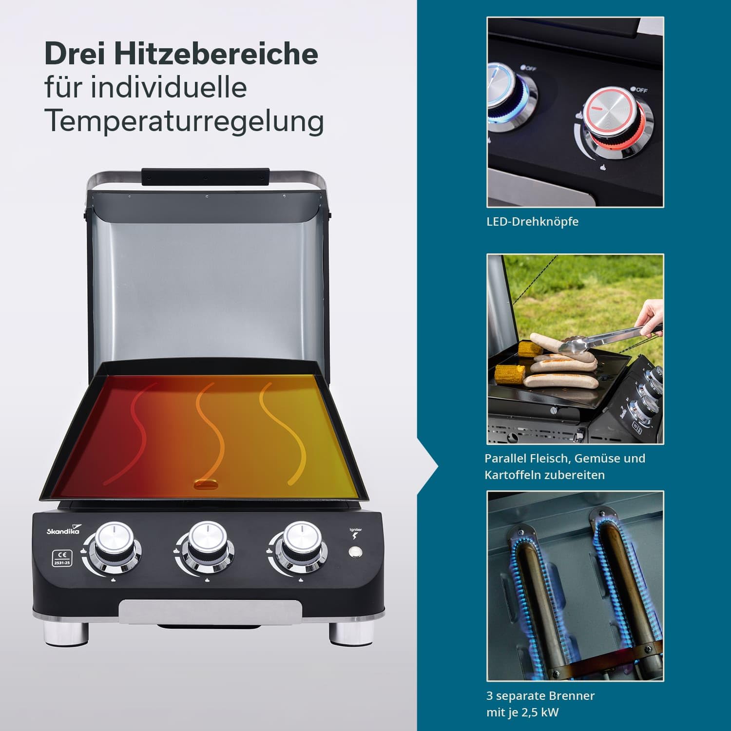 Skandika Plancha Grill Palo 3-Brenner Plus| Gasplancha Grillplatte mit Deckel, 3 Brenner, transportabler Gasgrill mit Kochplatte | Outdoor, Camping, Balkongrill, Tischgrill, Grillplancha, Gasbräter