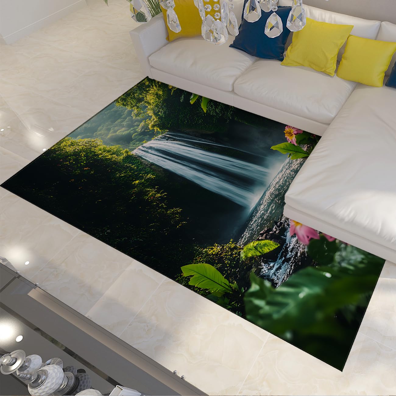 Wasserfallteppiche für das Schlafzimmer Teppich blühende Blumen Teppiche im Bereich Tropical Jungle Natural Landscape Teppich für das Wohnzimmer Dünne waschbare Fußmatten 160x230cm