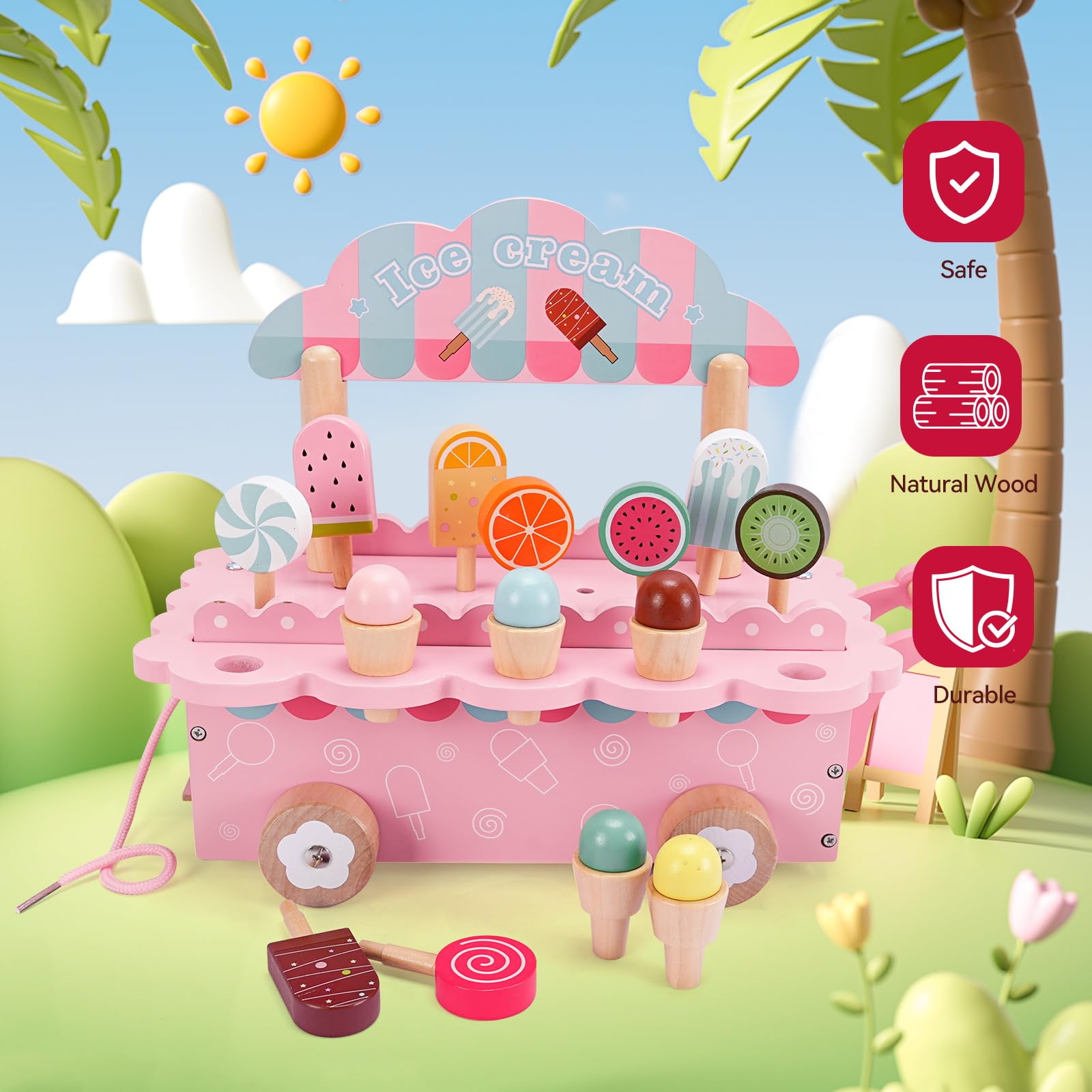 Glacier en Bois pour Enfant,Jeu de Glace en Bois,Jouet de Crème Glacée,Magasin de Glace Enfant Jeux de Rôle Jouets en Bois Jouets Montessori Cadeau pour Garçons Filles à Partir de 3 Ans