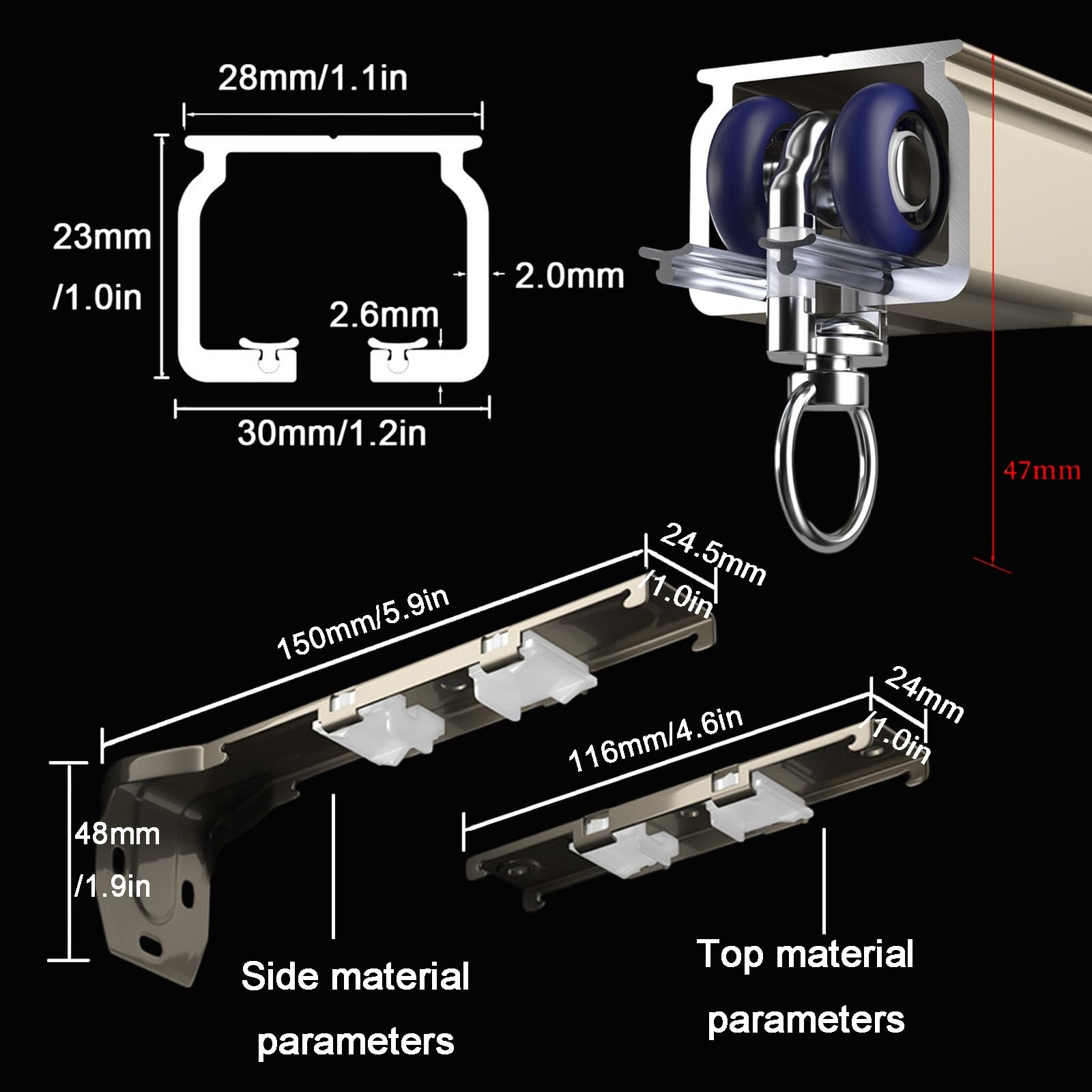 Wysokiej jakości szyna 2-gąsienicowa (50-600 cm) - aluminium zawiera sprzęt montażowy, idealny do przesuwnych zastosowań wewnętrznych o wyglądzie stali nierdzewnej.