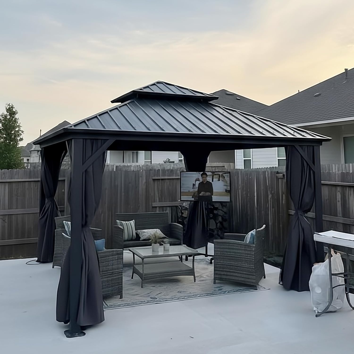 PURPLE LEAF 12' X 12' Permanent Hardtop Gazebo Outdoor Aluminum Gazebo with Galvanized Steel Double Roof for Patio Lawn Garden Aluminum with Netting and Curtains Grey