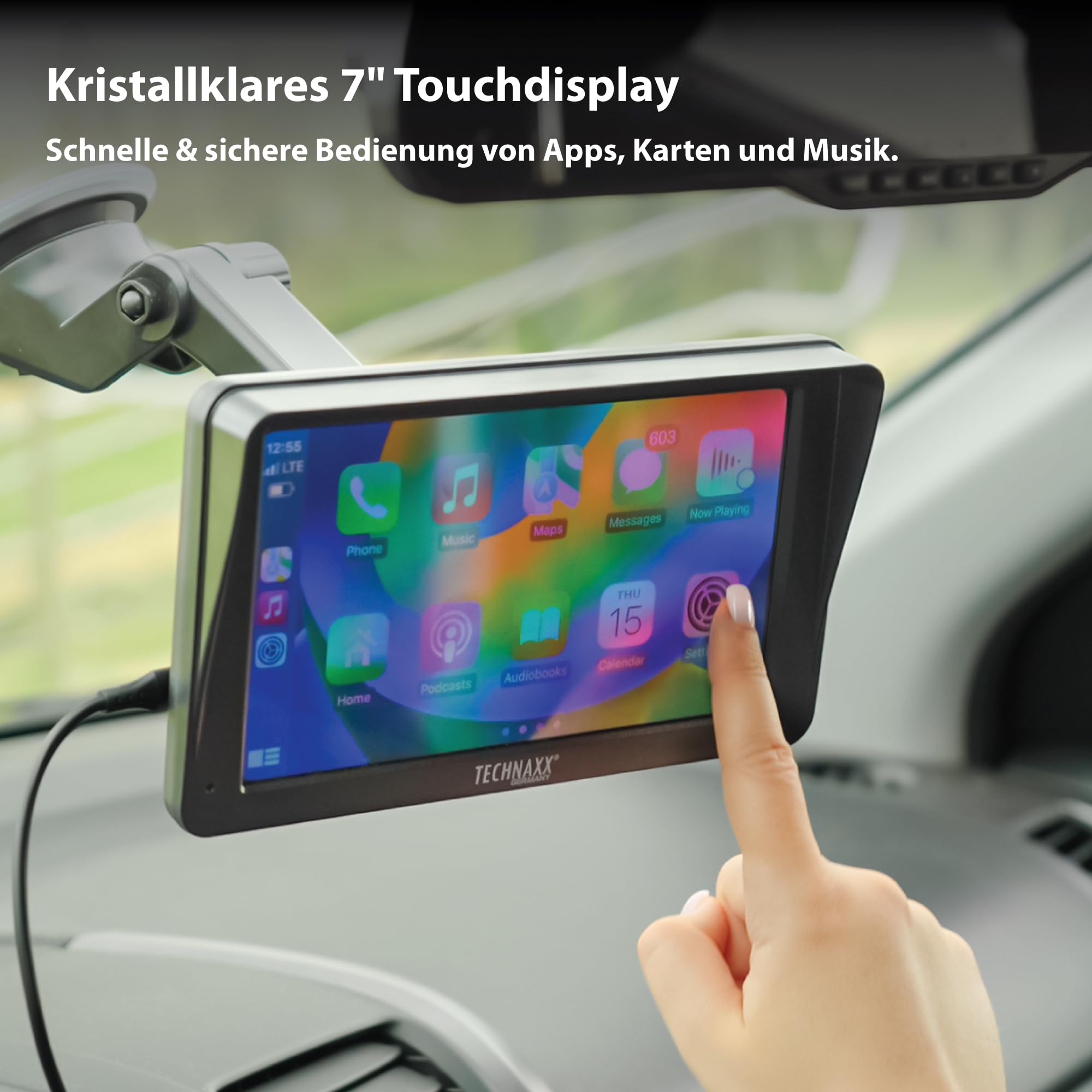 Technaxx Wireless Car Play & Android Auto Display 7" TX-320 mit Bluetooth 5.0, FM-Transmitter, AUX-Ausgang, eingebautem Lautsprecher, MicroSD-Steckplatz, Armaturenbrett-/Windschutzscheibenhalterung
