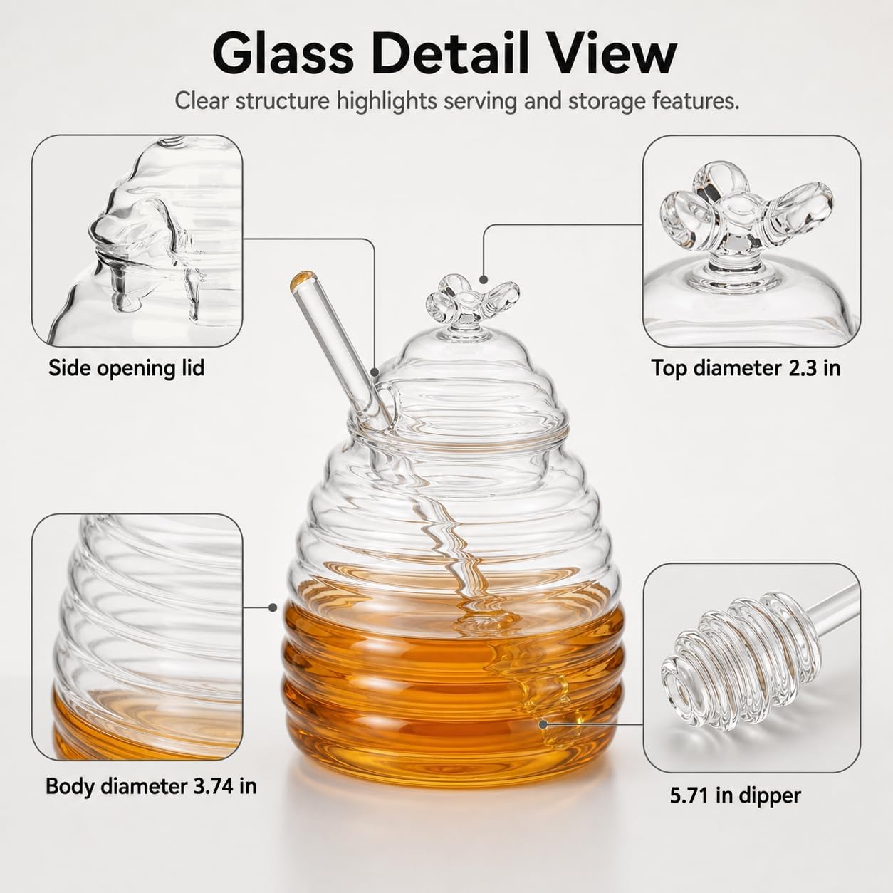 QWORK Glass Honey Jar with Dipper and Lid, 15.5 Oz Borosilicate Honey Pot, Clear Syrup Container with Side Dipper Slot for Tea, Toast, Kitchen Table