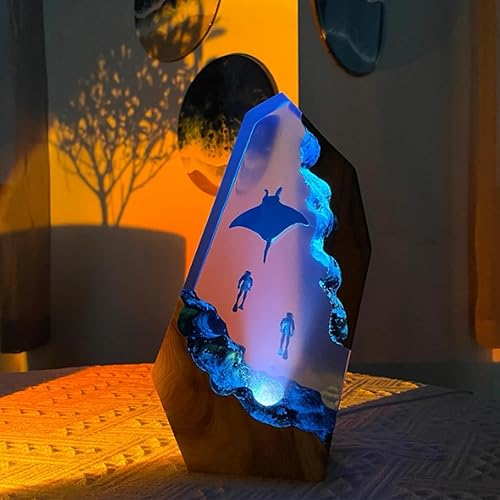 Miniatura 5 de Manta Rays Couple Divers Resin Night Light Blue Ocean Miniature, Scuba Resin Wood Lamp, Ocean Theme Diorama, Manta Rays Lamp, Ocean Lamp, Diver Lamp