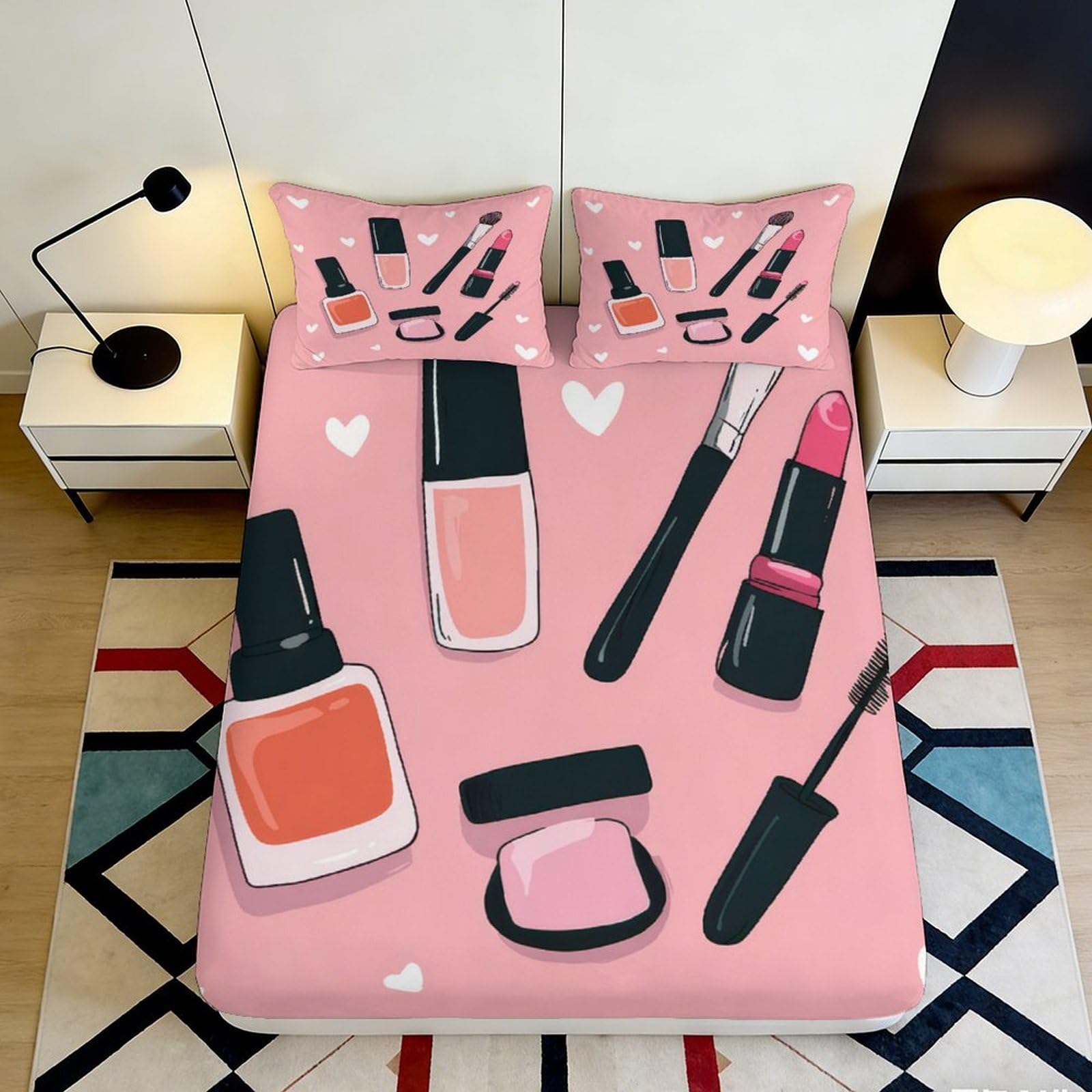 3D Printed Makeup Beauty Fitted Sheet Microfiber Soft Pink Cosmetic Illustration Mattress Cover for Bedroom Decor 90x200x25cm