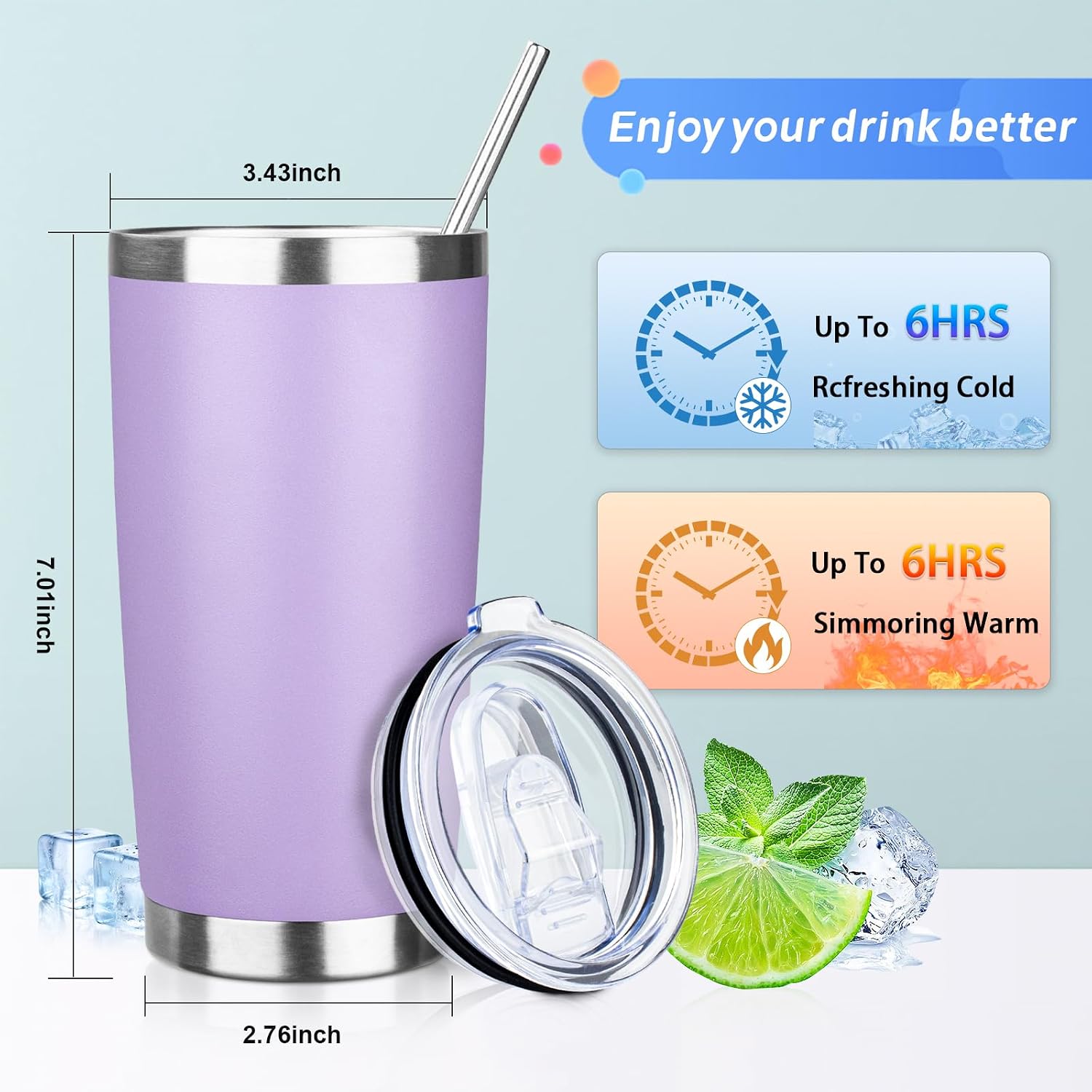 20oz Tumbler with Straw and Brush, Stainless Steel Vacuum Insulated tumbler, Double Wall Insulated Coffee Tumbler for Outdoor, Home, Travel,Office (Lilac,1pcs) image 2