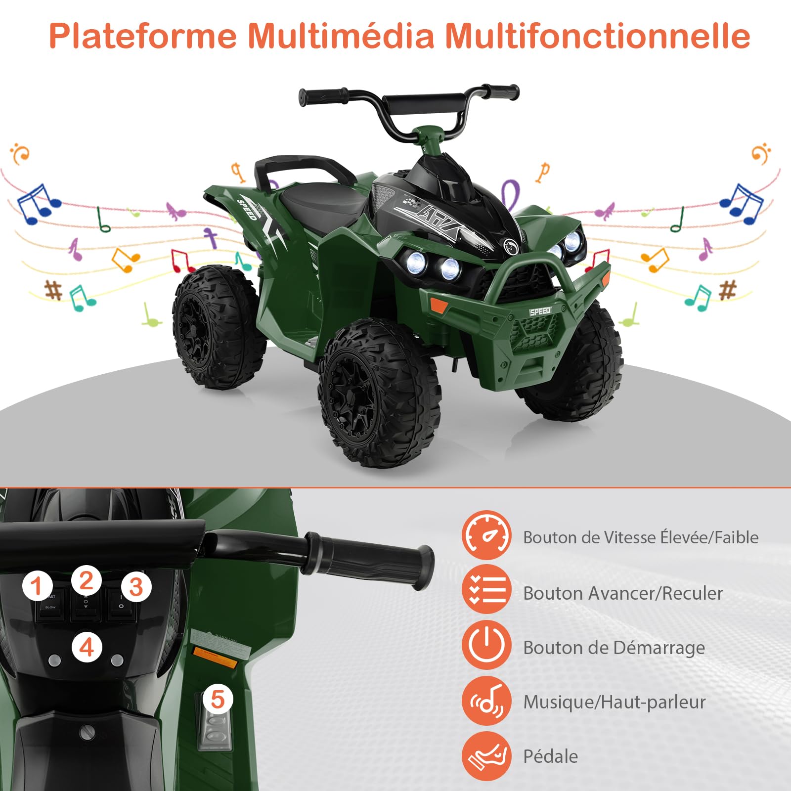DREAMADE Quad Buggy Électrique Enfants 12V,Voiture Electrique Enfants 3-8Ans avec 2 Vitesses 2,2-4,3 km/h&Pédale&Phares LED&Klaxon&Musique,Véhicule Jouet Garçons Filles (Vert Militaire)