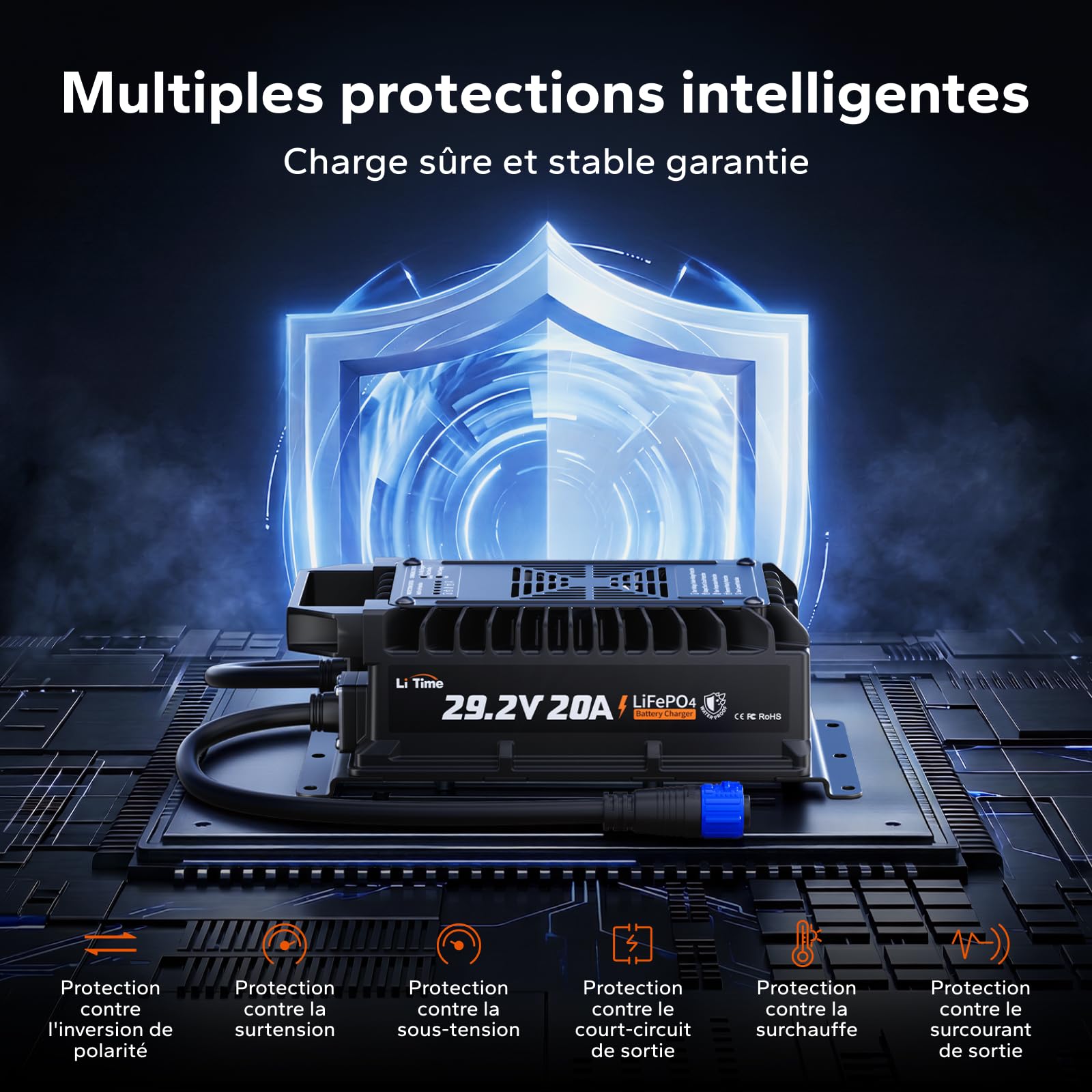 LiTime Chargeur Batterie Lithium 24V 20A, 29,2V AC-DC, IP67 Étanche