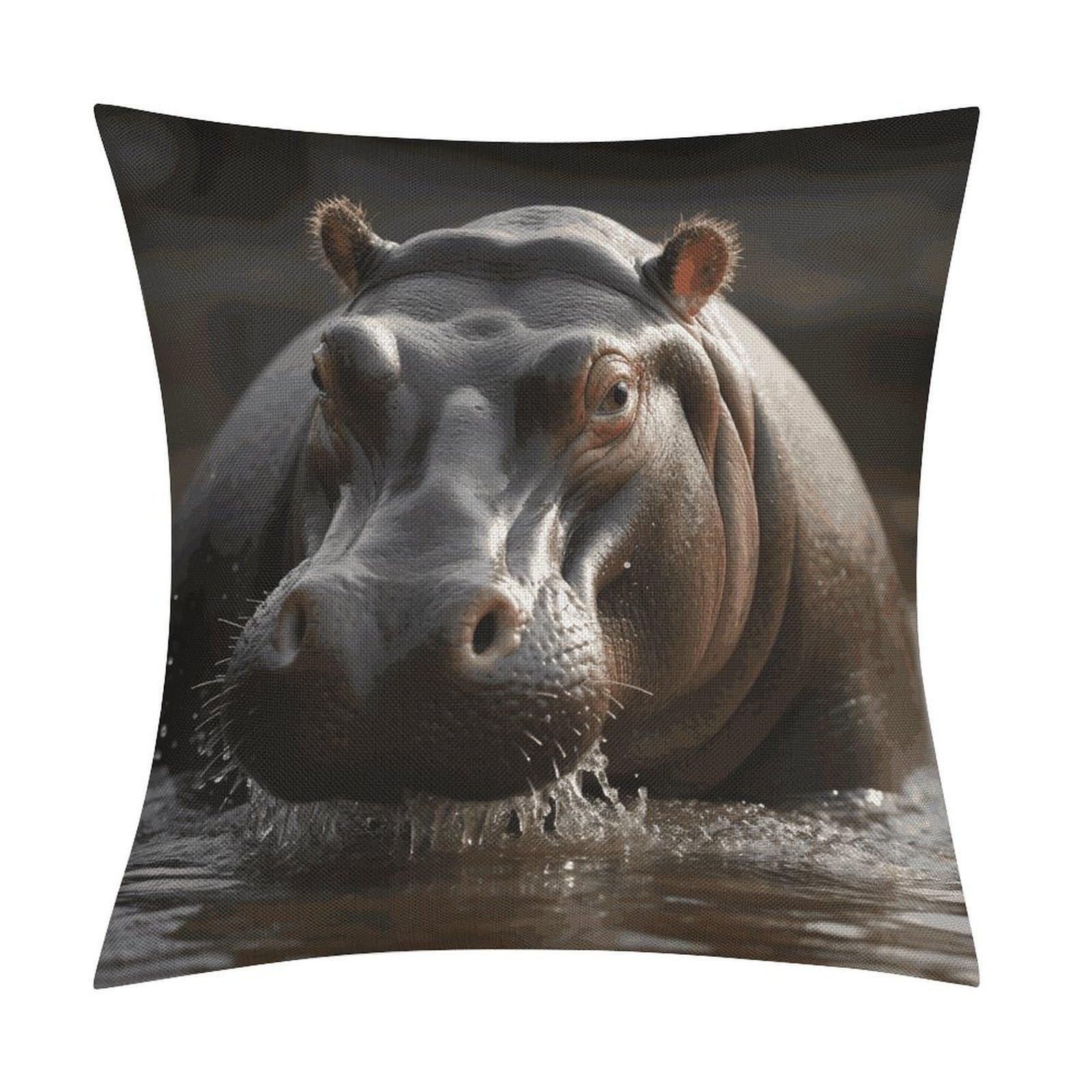 FekiLoot Hippo Throw Pillow Cover Soft Square Cushion Case Farmhouse Cushion Cover Decorative Pillow Cover Modern Pillowcase for Sofa Living Room Bed Home Decor 18x18 Inch