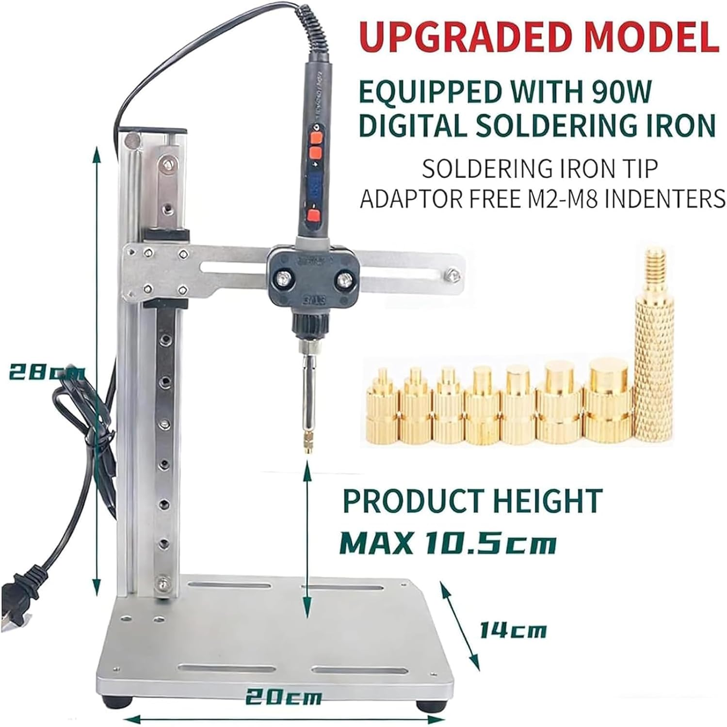 Vertical Heat Set Insert Press Tool, 90W Soldering Iron, Heat Set Tips M2-m8, Height Adjustable,for Plastic and 3D Printing 10.5cm (20.5cm)