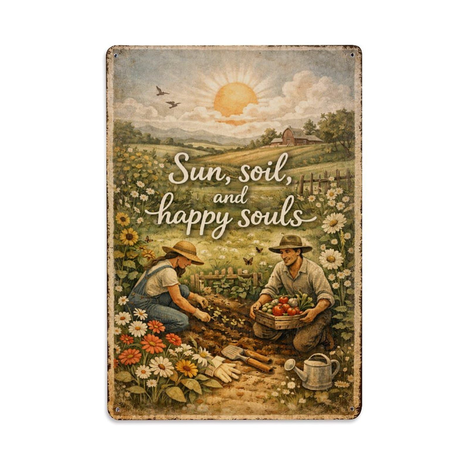 Jdfenggu Vintage Sun Soil And Happy Souls Retro Metal Tin Sign, Metal Poster For Bar, Home, Man Cave, Kitchen, Laundry Room Art Decor 8X12 Inch