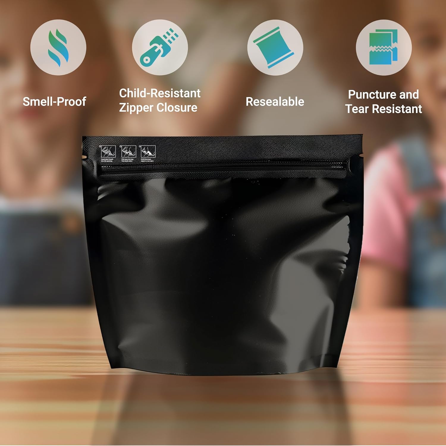 100 Pack Glossy Black 12"x9"x4" Resealable Stand Up Pouch ASTM-D3475 Standard Child Resistant Exit Bags